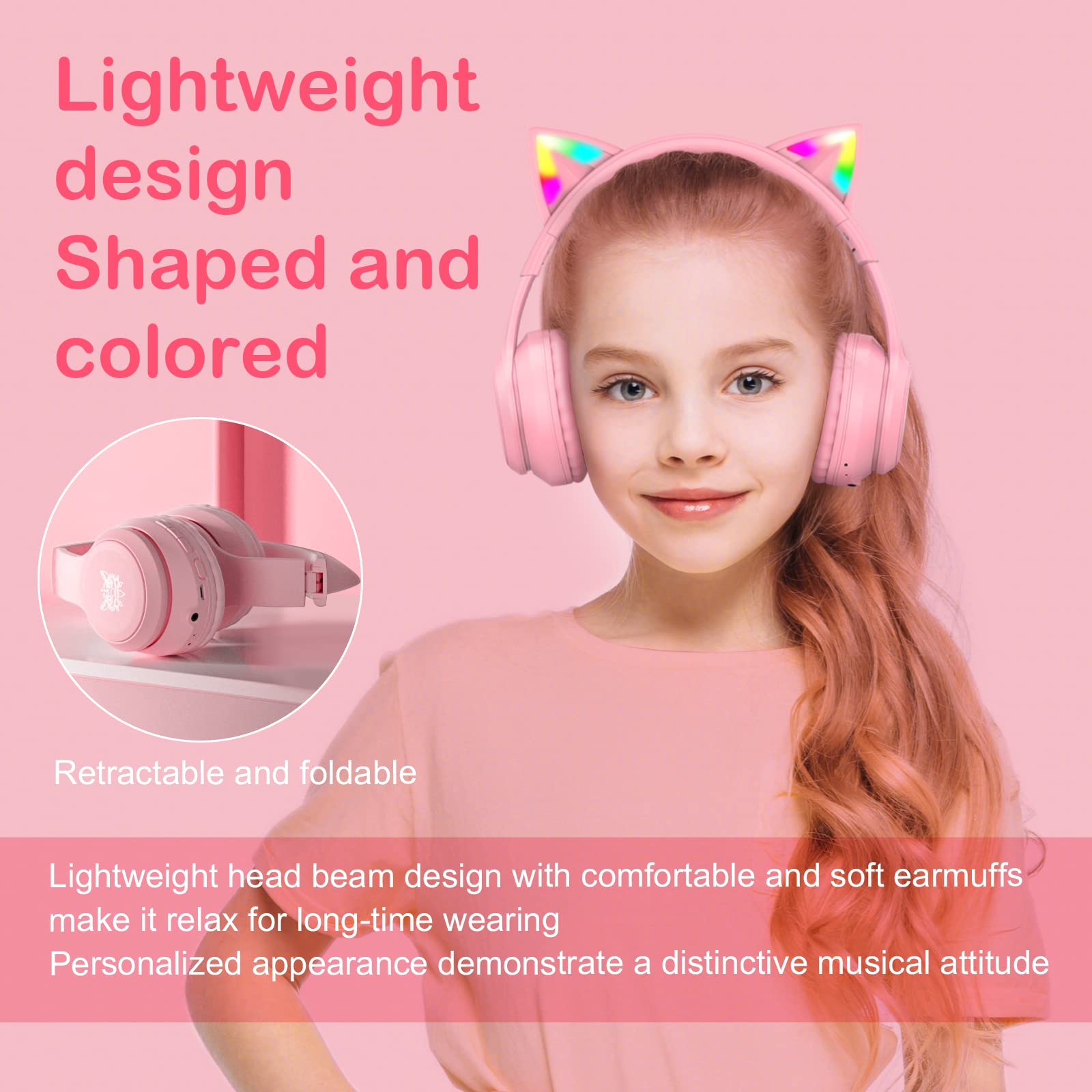 PHNIXGAM Bluetooth Cat Ear Headphones for Kids - Wireless & Wired Foldable Headset with Microphone, RGB LED Lights, Adjustable Volume - Perfect for School, Gaming, Travel, and Online Classes - Compatible with iPhone, Android, PC, Tablet (Pink/Blue)