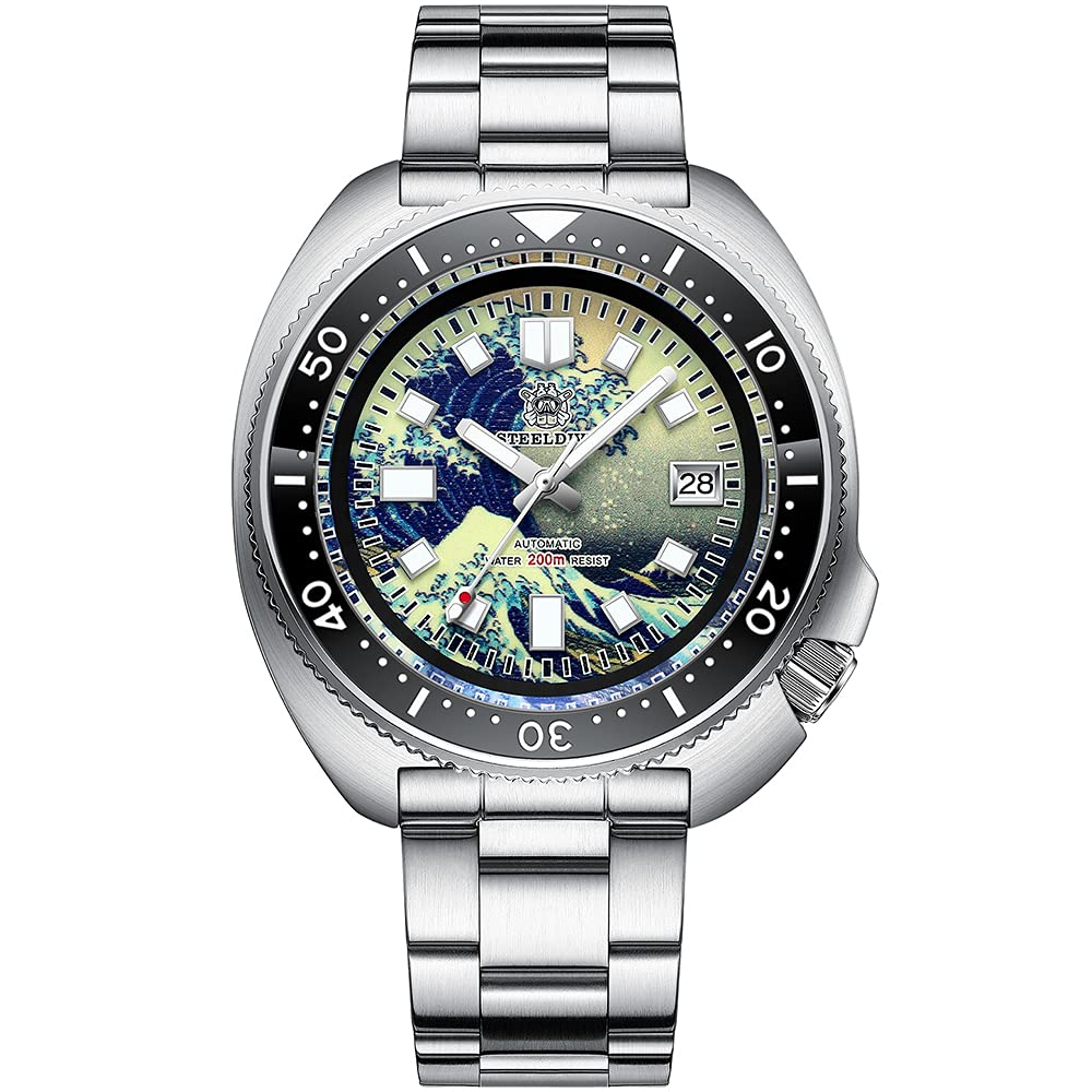 STEELDIVE Men's Automatic Diver Watch - 200M Water Resistant Mechanical Wristwatch with Luminous Kanagawa Wave Dial, Ceramic Bezel & Sapphire Crystal (NH35 Movement) | Perfect for Scuba Diving, Swimming & Outdoor Adventures