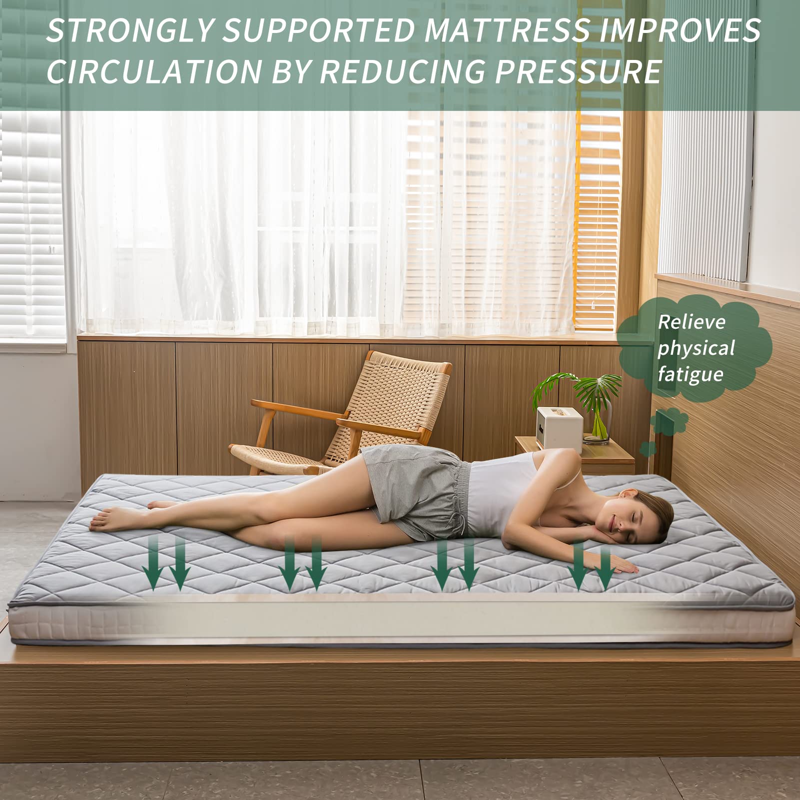 MAXYOYO Japanese Floor Futon Mattress - Diamond Pattern Roll Up Folding Bed for Adults & Guests, Grey | Portable Floor Sleeping Mat for Small Spaces, Camping & Travel