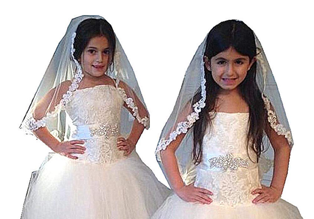 Girls First Communion Veil - 1 Tier White Rose Flower Lace Veil for Catholic Church Ceremony, Wedding, Baptism & Special Occasions