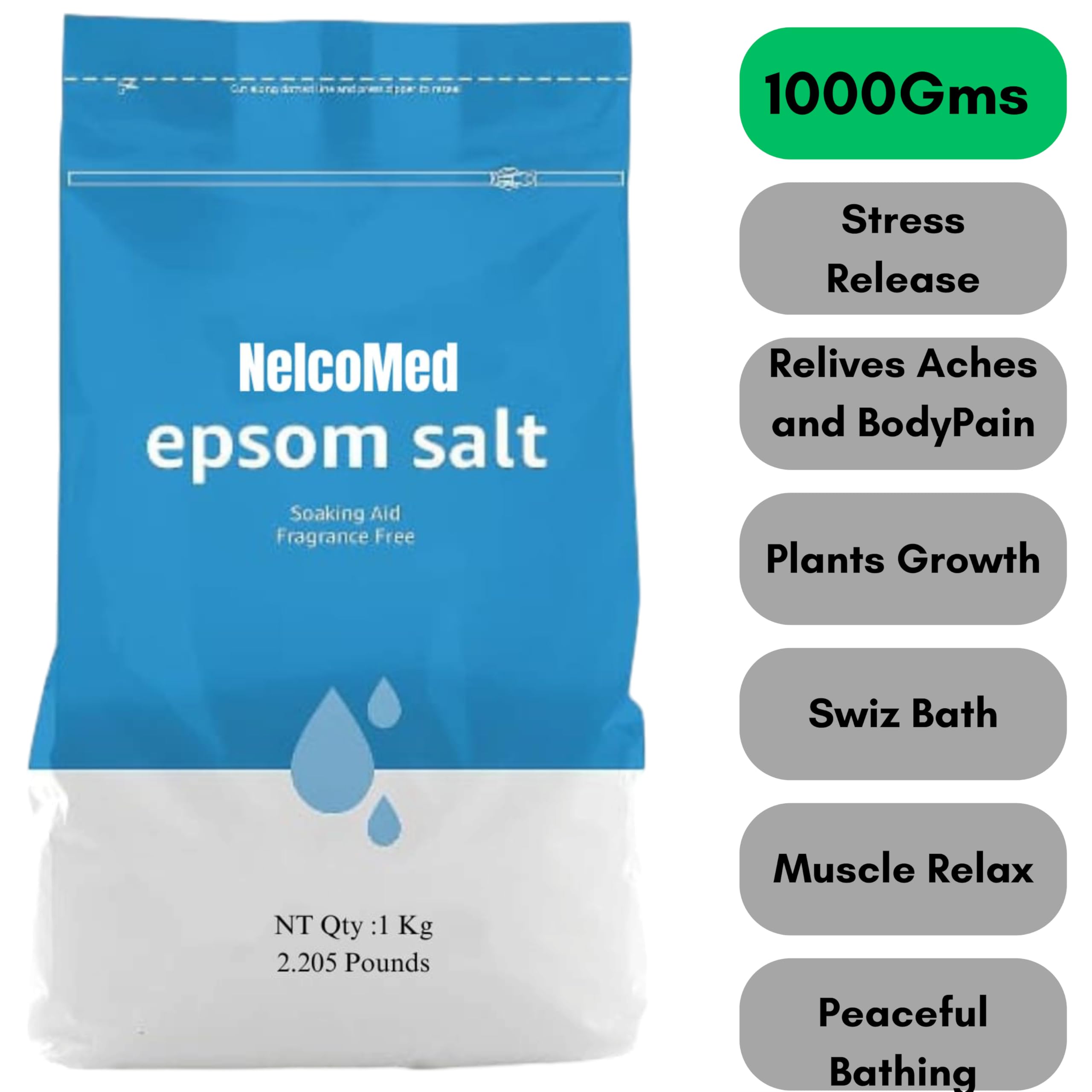 **NelcoMed® Epsom Salt Magnesium Sulfate Crystals - 1kg for Muscle Pain Relief, Detox & Relaxation | Natural Therapy for Sore Muscles, Aches & Stress | Perfect for Bath Soaks, Foot Soaks & Plant Care | Includes FREE Hot & Cold Gel Pack**    *(Use Cases: Ideal for post-workout recovery, stress relief, spa-like baths, foot soaks, and nourishing plants.)*