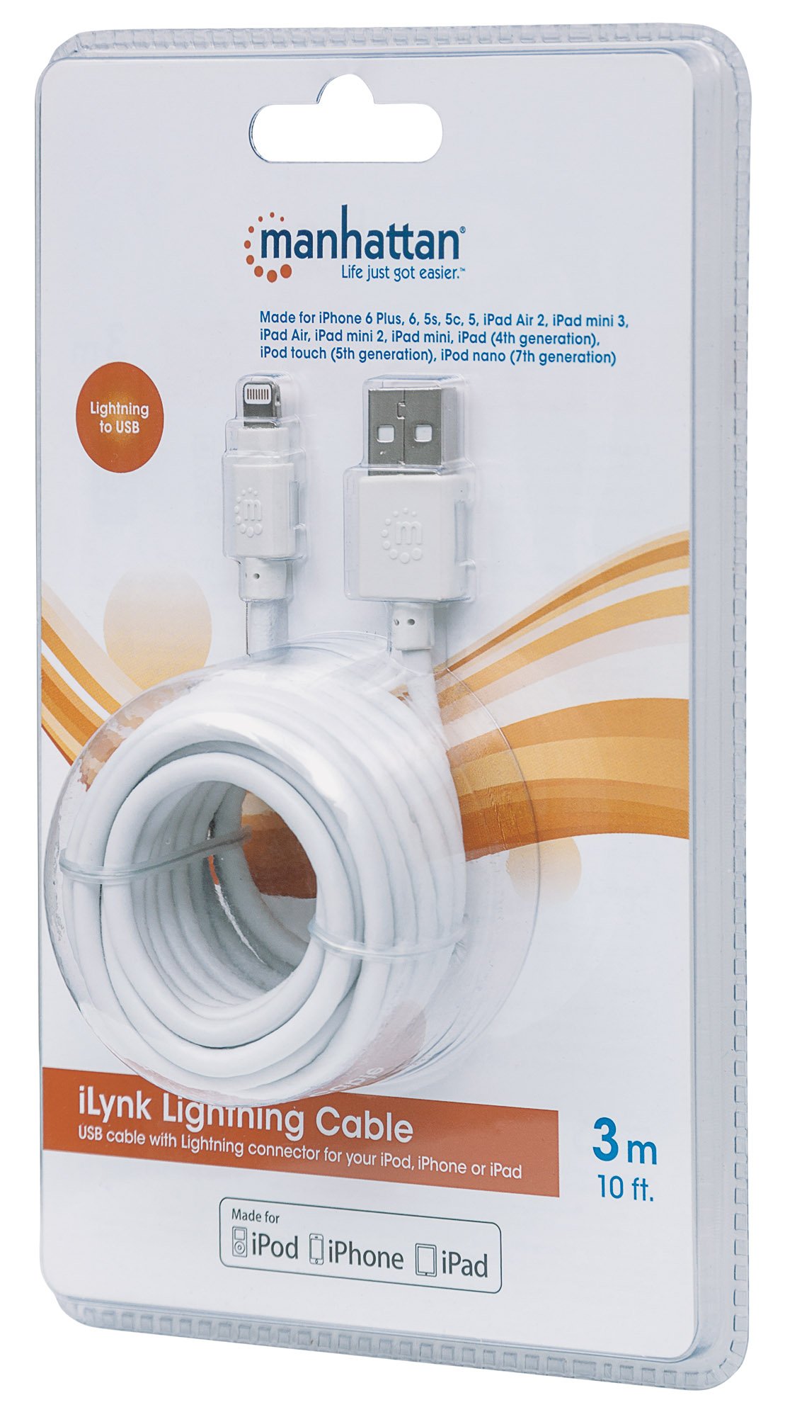 Premium Manhattan iLynk Lightning Cable - 10ft/3m Fast Charging & Sync Cable for iPhone 14/13/12/11/X/8/7/6 - Durable 8-Pin to USB-A Cable (White) - Perfect for Home, Office & Travel Charging