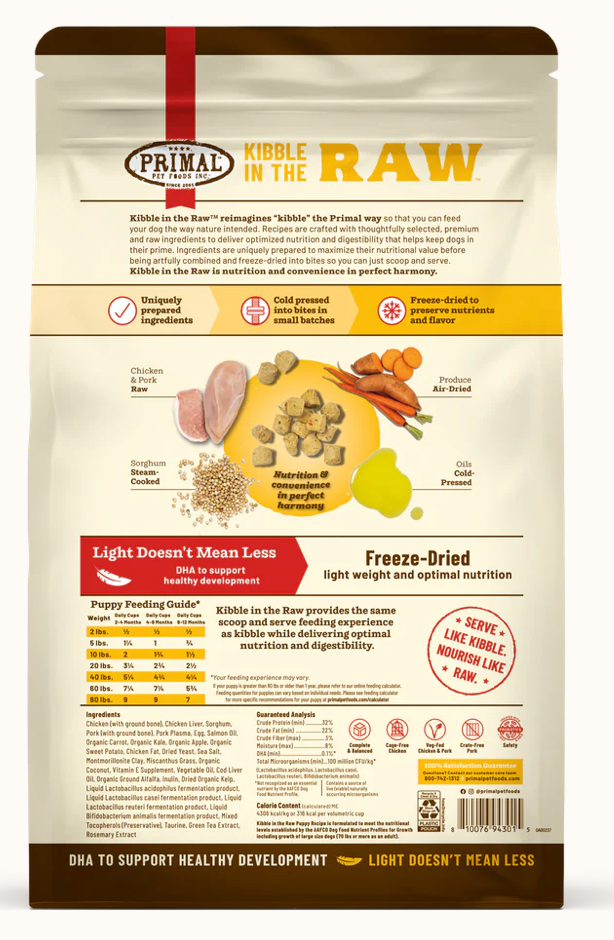 Primal Kibble In the Raw Puppy Chicken & Pork Dog Food - High Protein Grain-Free Dry Food for Puppies - Perfect for Active Dogs & Training Treats