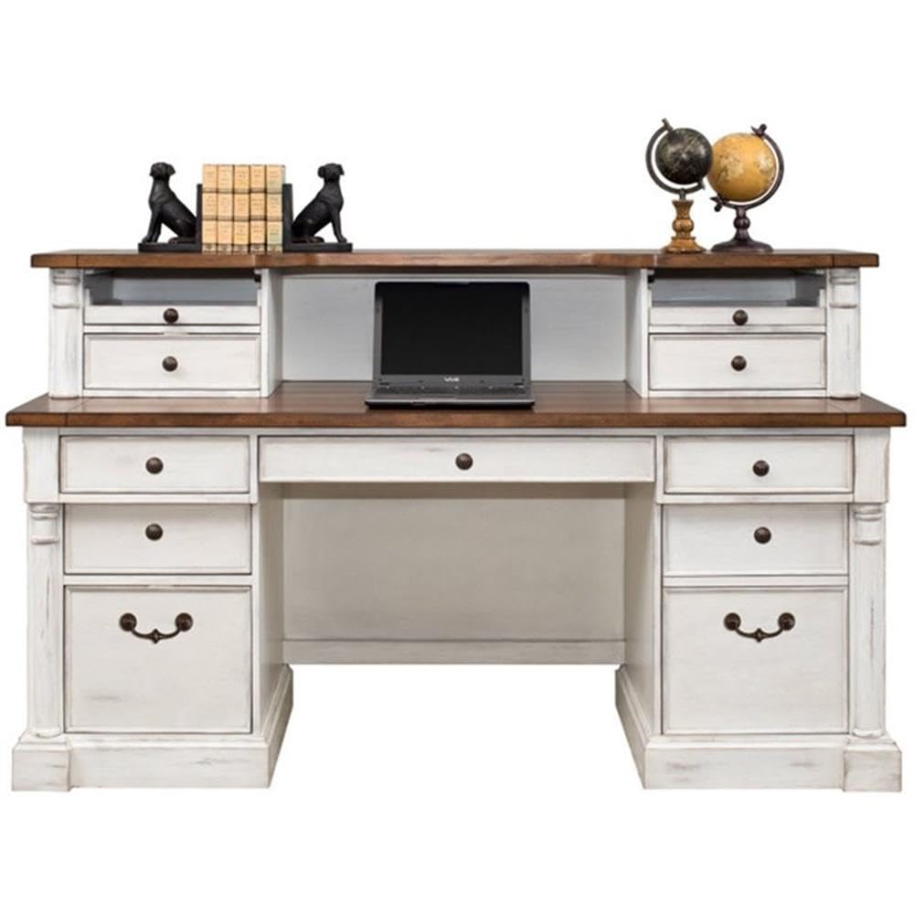 Home Square 2-Piece Computer Desk with Hutch Set in Weathered White - Perfect for Home Office, Study Room & Small Spaces