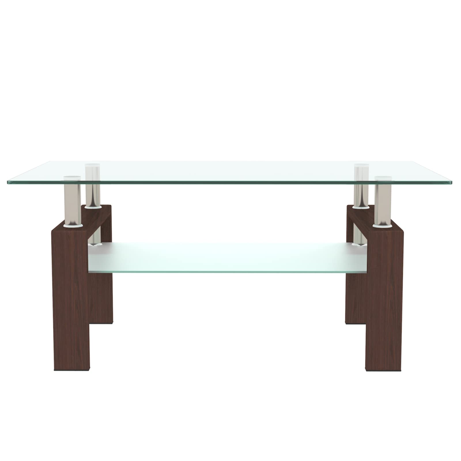 Modern Walnut Tempered Glass Coffee Table with Storage Shelf & Metal Frame - Stylish Living Room Side Table for Small Spaces, Apartments & Home Decor