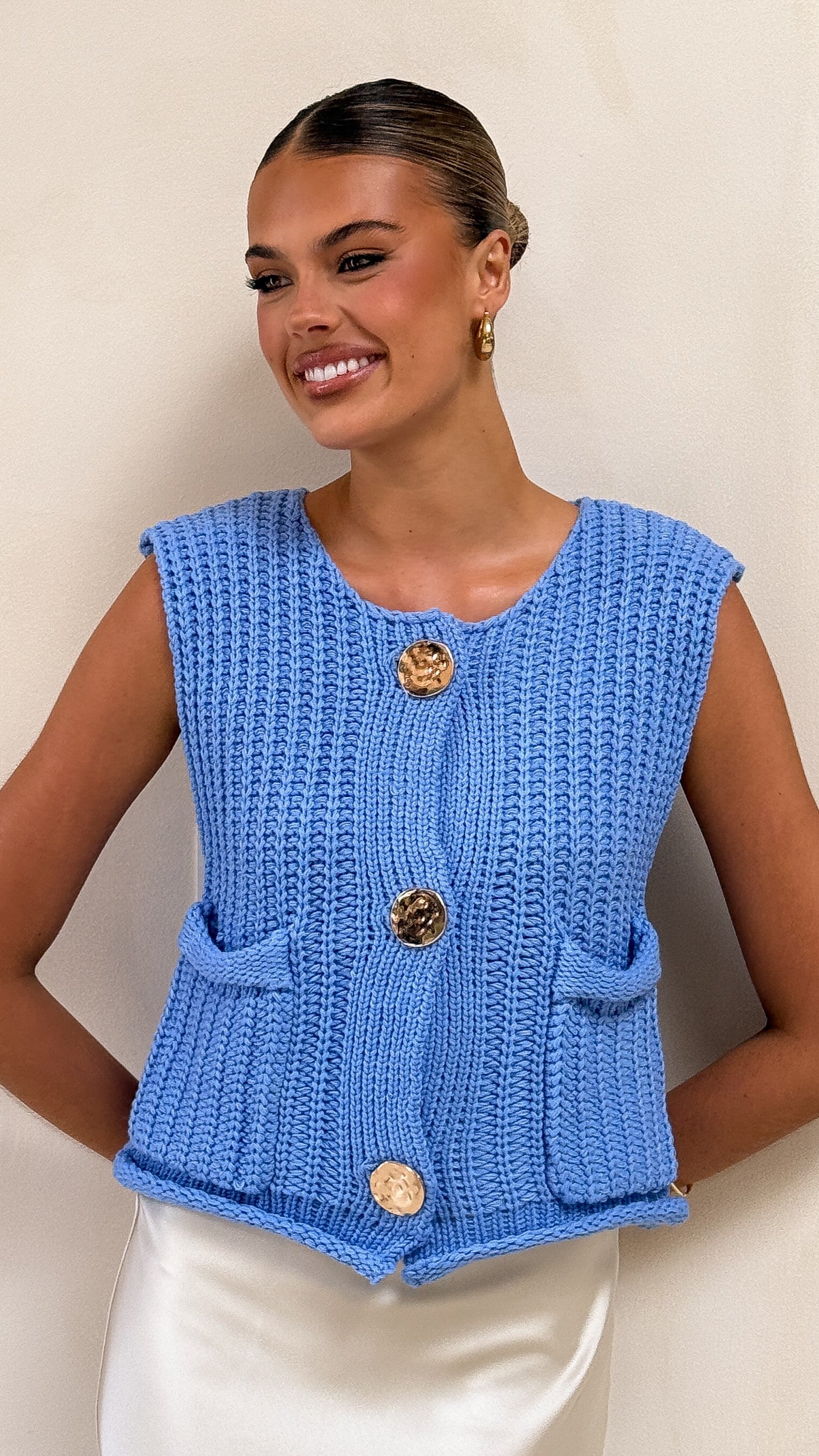 Jaffa Cropped Knit Vest for Women - Soft Blue Ribbed Cardigan | Perfect for Layering, Office Wear & Casual Outfits