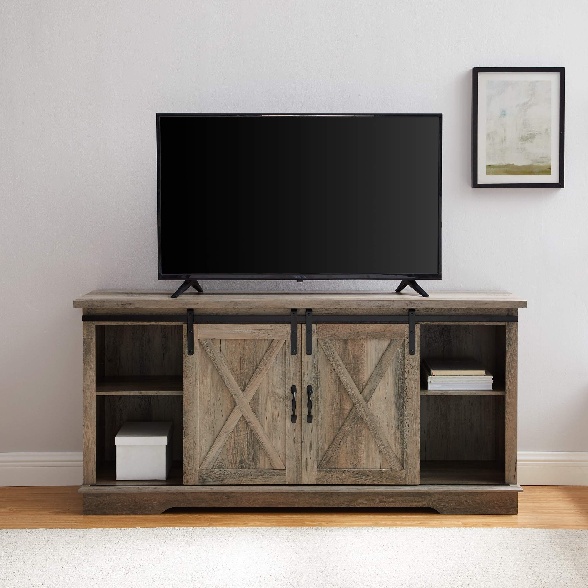 Walker Edison Richmond Modern Farmhouse 65 Inch TV Stand with Sliding Barn Doors - Rustic Grey Wash Finish for Living Room, Bedroom & Home Theater