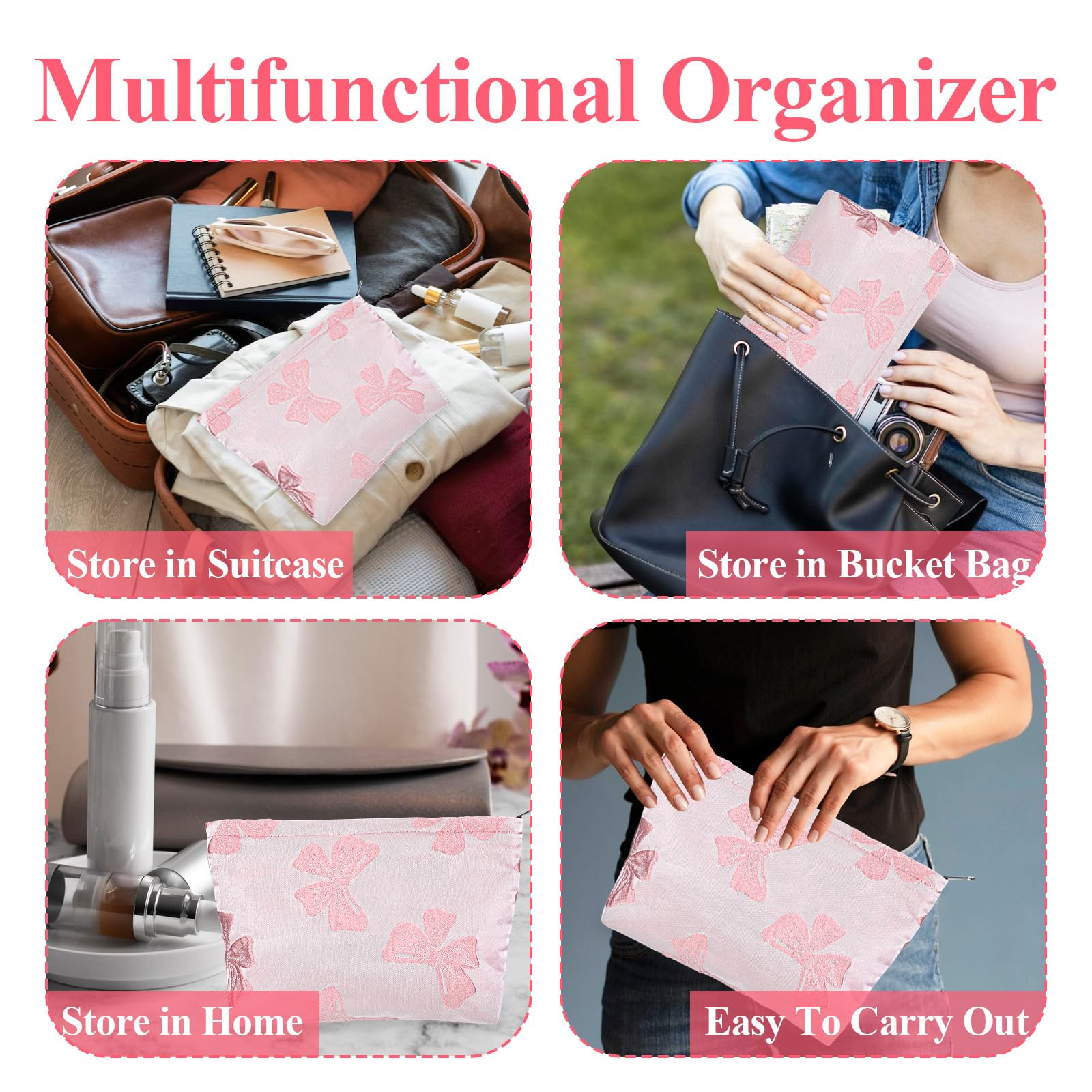 Elegant Bow Makeup Bag for Women - Large Capacity Cosmetic Organizer | Travel & Daily Use (Pink)