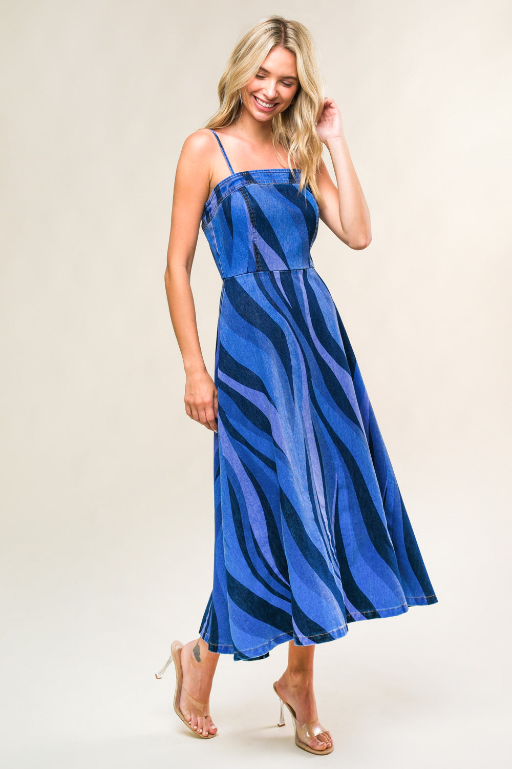 Blue Waves Patterned Denim Midi Dress for Women - Stylish Casual Summer Outfit for Beach, Brunch & Date Night