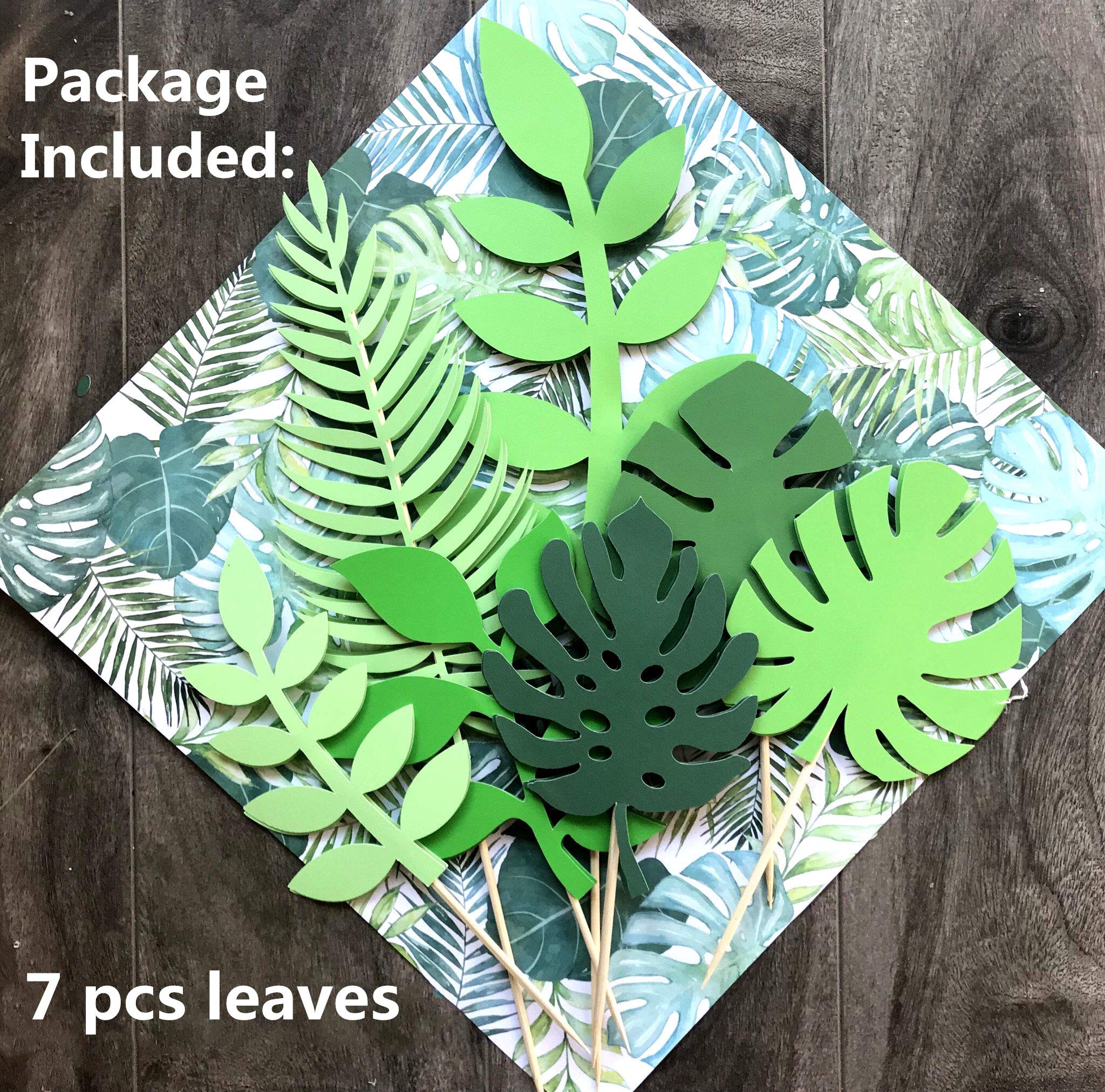 LaVenty Set of 7 Glittery Tropical Leaves Cake Toppers - Elegant Palm Leaf Wedding Cake Decorations for Tropical Theme Parties, Bridal Showers & Birthday Cakes