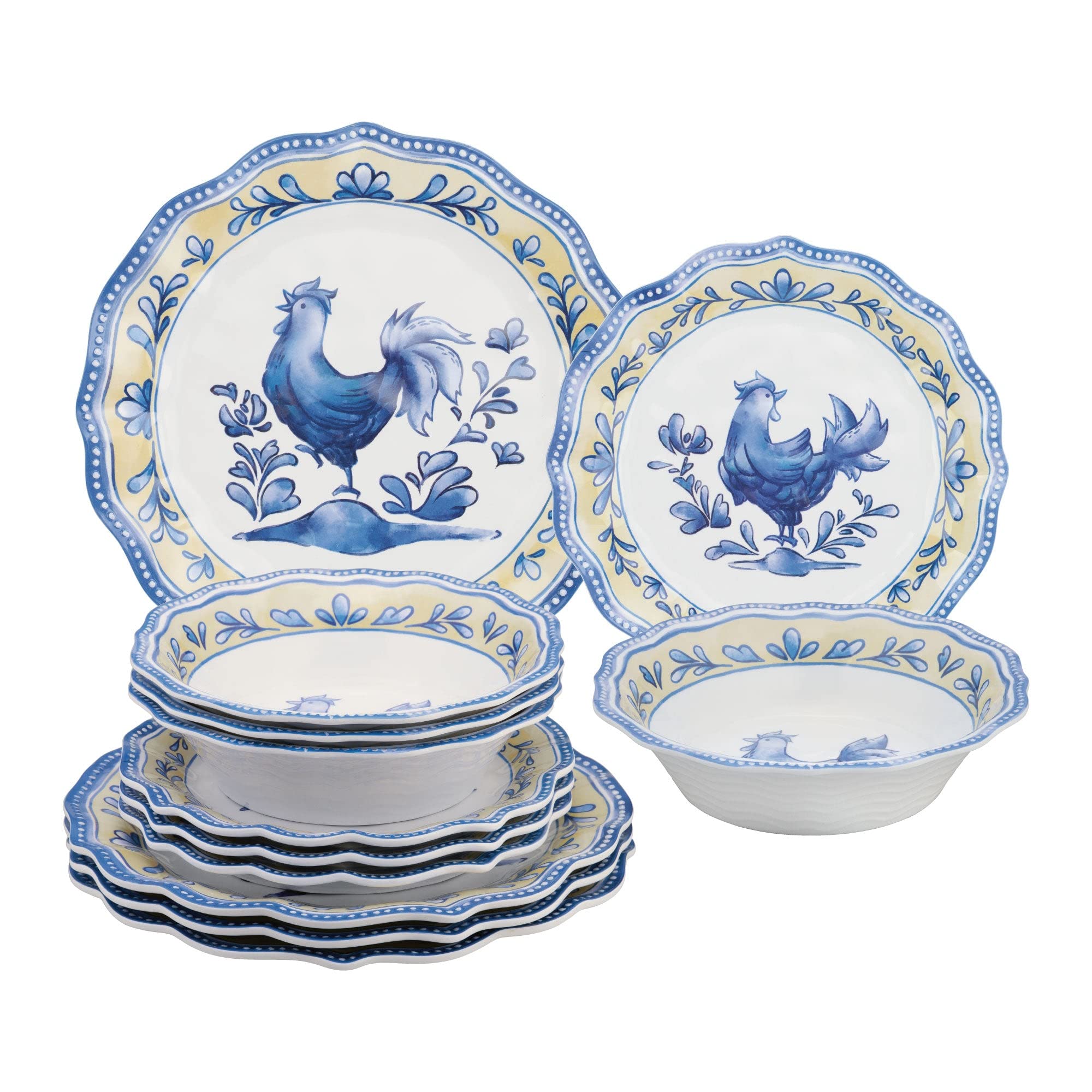 UPware 12-Piece Blue Rooster Melamine Dinnerware Set - Durable Outdoor Dishes, Plates & Bowls for 4 - Shatterproof & Lightweight for Picnics, Camping, and Patio Dining