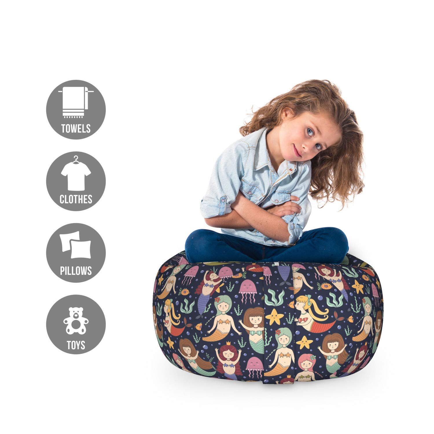 Ambesonne Mermaid Toy Storage Bag Chair - Kids Cartoon Ocean Girls with Colorful Tails & Bubbles - Washable Stuffed Animal Organizer for Bedroom, Playroom - Small Multicolor Children's Furniture