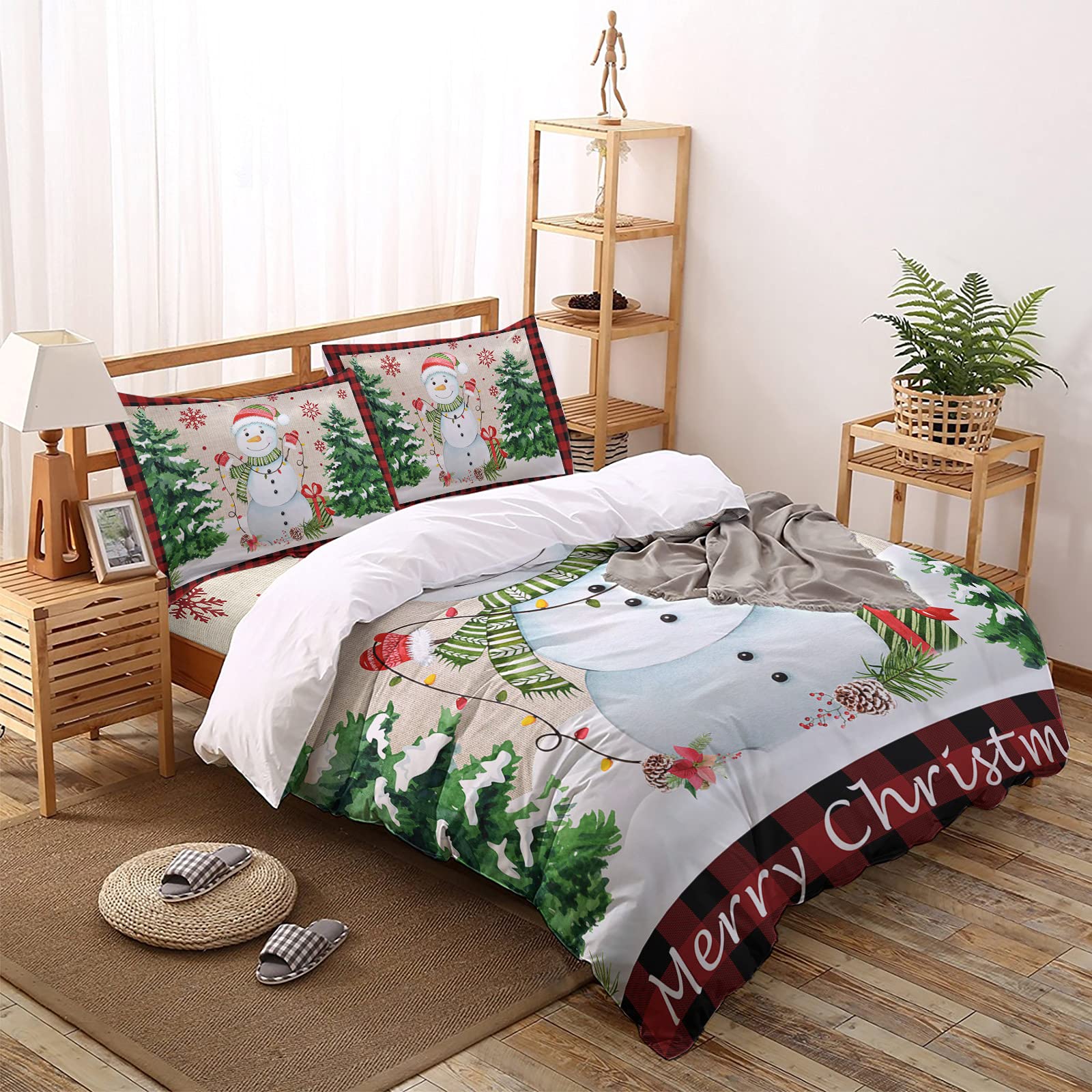 4-Piece King Size Christmas Duvet Cover Set - Cute Snowman with Hat & Scarf Farmhouse Style Bedding - Soft Zipper Closure (1 Duvet Cover, 1 Flat Sheet, 2 Pillowcases) - Perfect for Holiday Home Decor & Cozy Winter Bedrooms