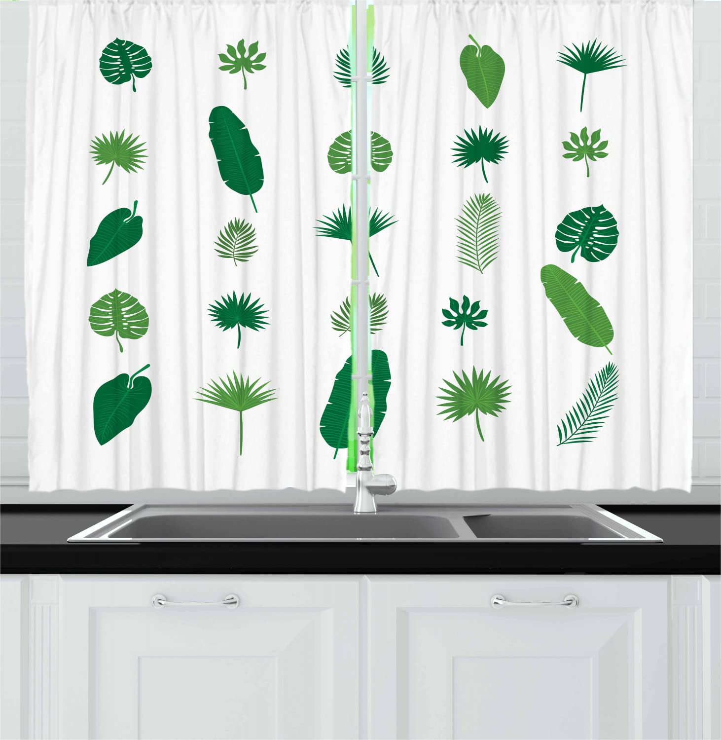 Ambesonne Tropical Long Kitchen Curtains - Tree Leaves & Petals Design, 2 Panel Drapes with Rod Pocket, 55