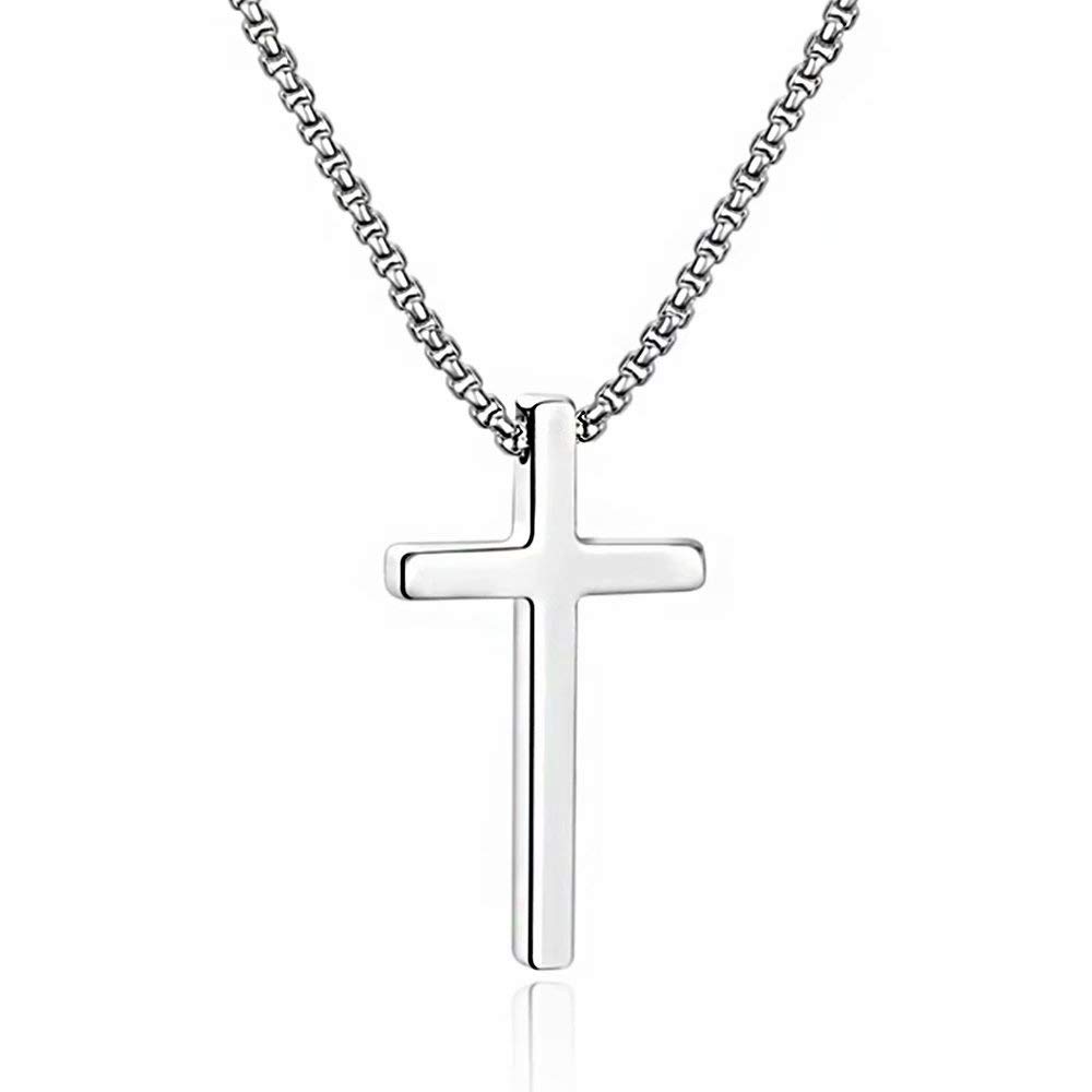 MOOHAM Men's Stainless Steel Cross Pendant Necklace - Silver, Black & Gold Options - Adjustable 16-30 Inch Box Chain - Religious Jewelry for Everyday Wear & Gifts