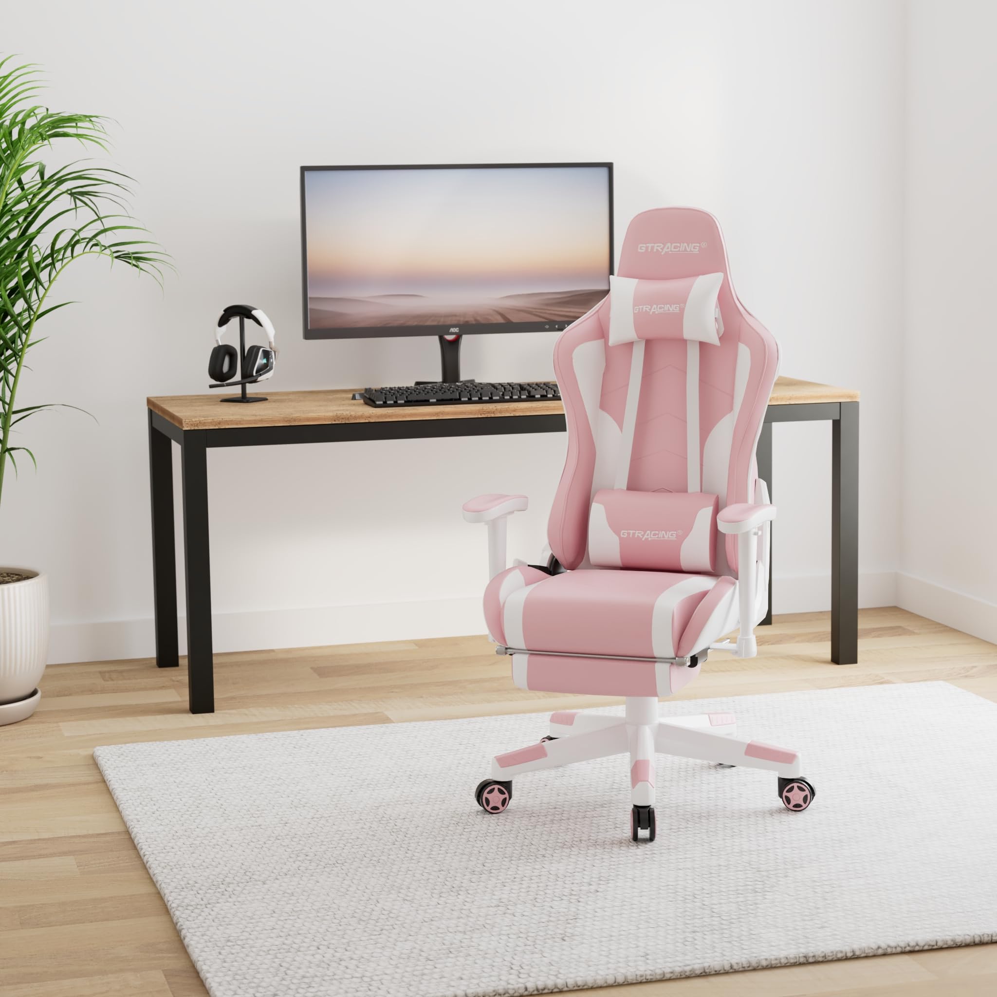 GTRACING Pink Gaming Chair with Bluetooth Speakers, Footrest & Lumbar Support - Ergonomic Office Desk Chair for PC Gaming, Streaming & Home Workstation - Heavy Duty Racing Style Video Game Chair for Adults