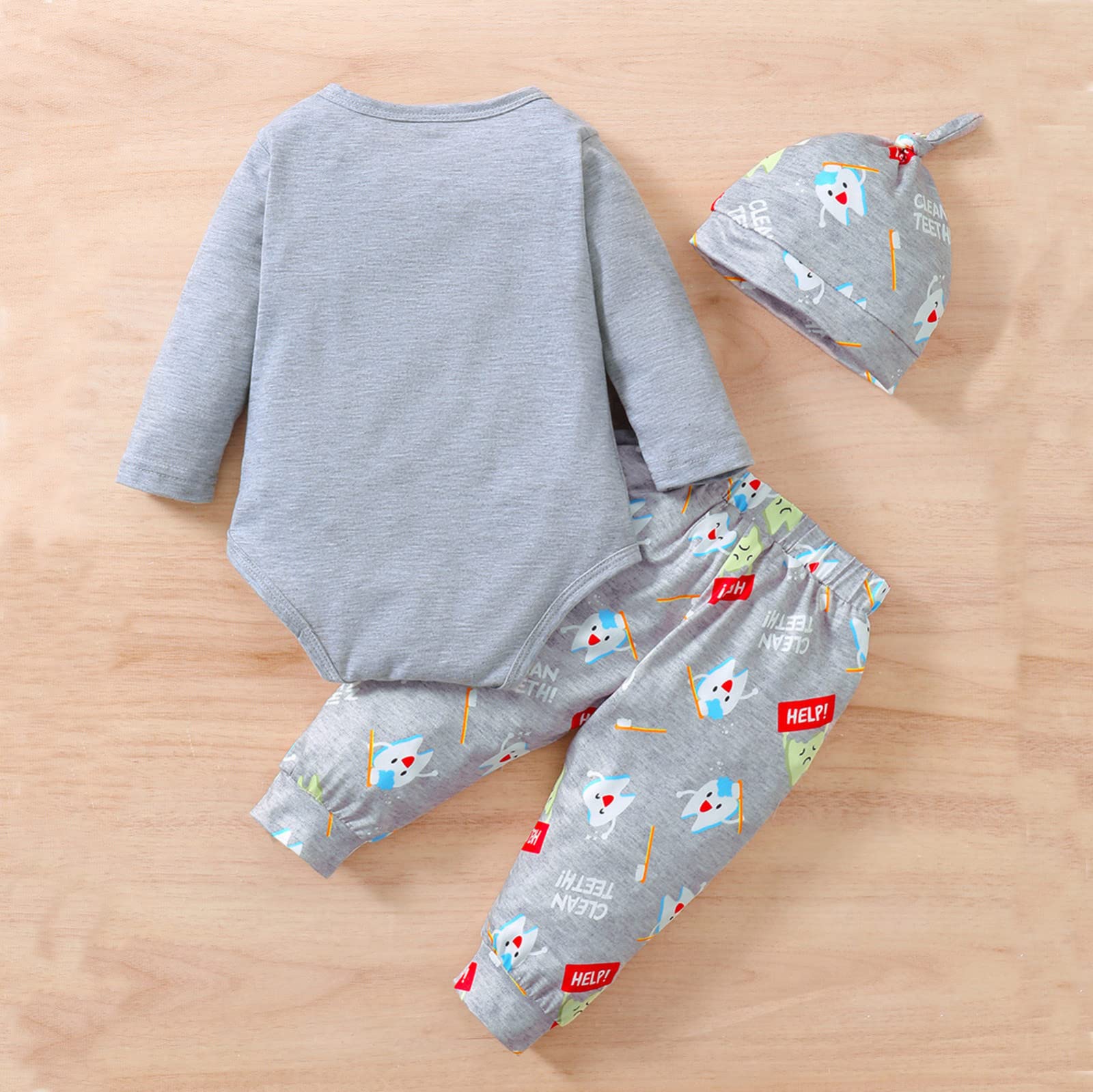 Adorable Baby Romper Set with Teeth Print - Long Sleeve Outfit & Hat for Boys Girls (3-Piece) | Soft Infant Clothes for Playtime, Photo Shoots & Daily Wear