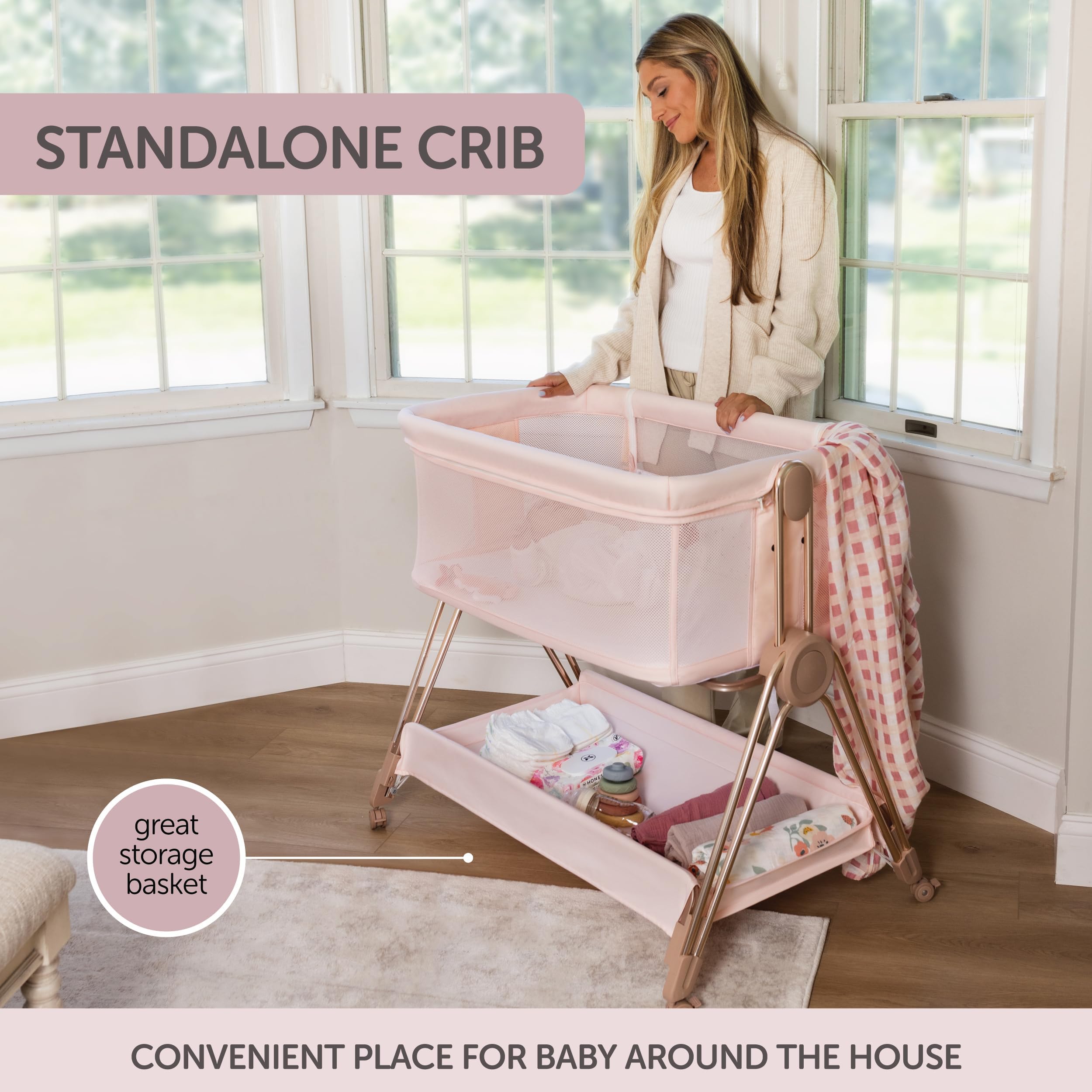 Adjustable Baby Bedside Sleeper Bassinet with Wheels - Portable Foldable Crib for Newborns & Infants - Safe Co-Sleeping Solution with Height Adjustment - Perfect for Nursery, Bedroom & Travel (Pink) - Ideal for Nighttime Feeding & Soothing Baby