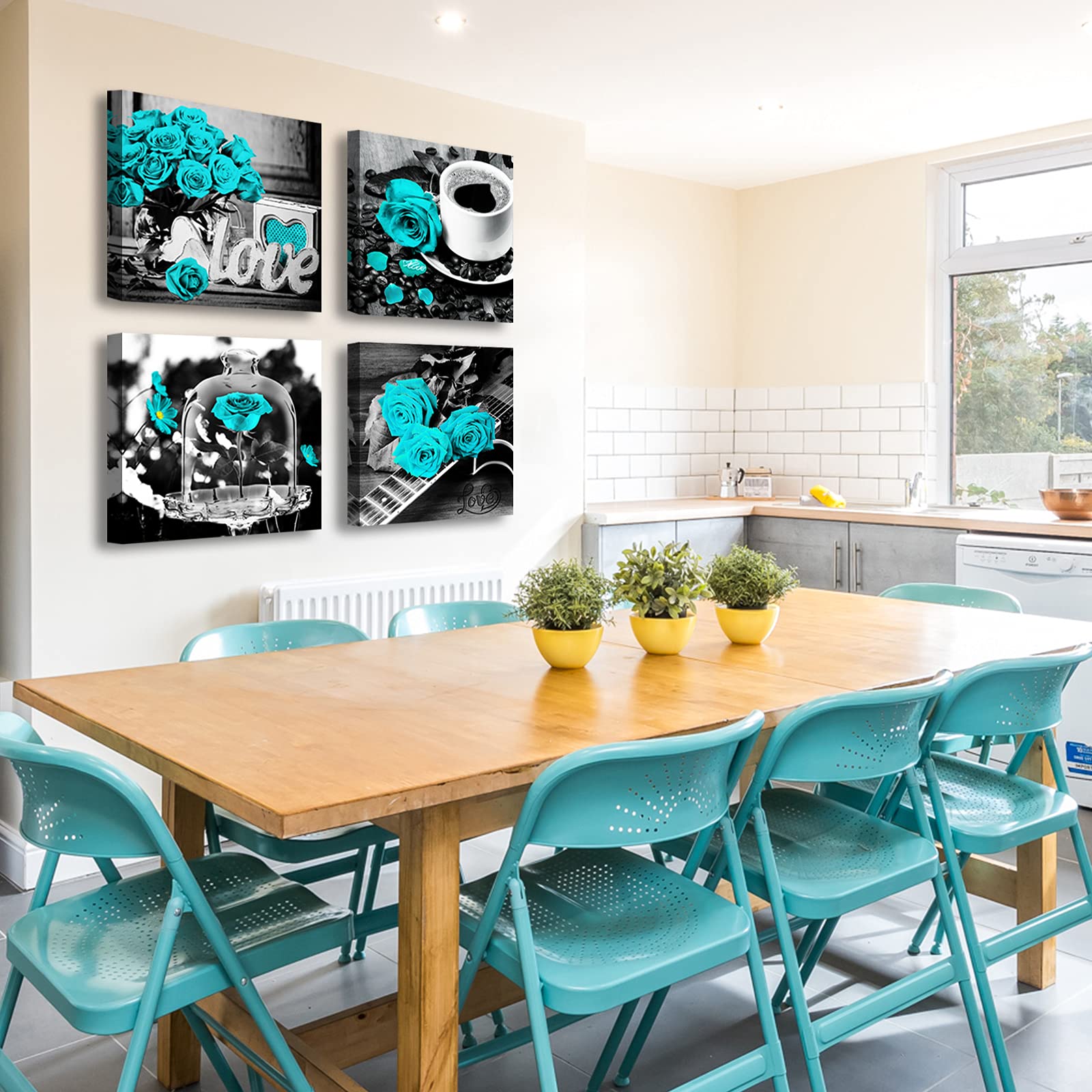 Turquoise Rose Canvas Wall Art Set - 4 Piece 12x12 Inch Framed Floral Prints for Bedroom, Living Room & Kitchen Decor | Modern Home Accessories & Gift Idea