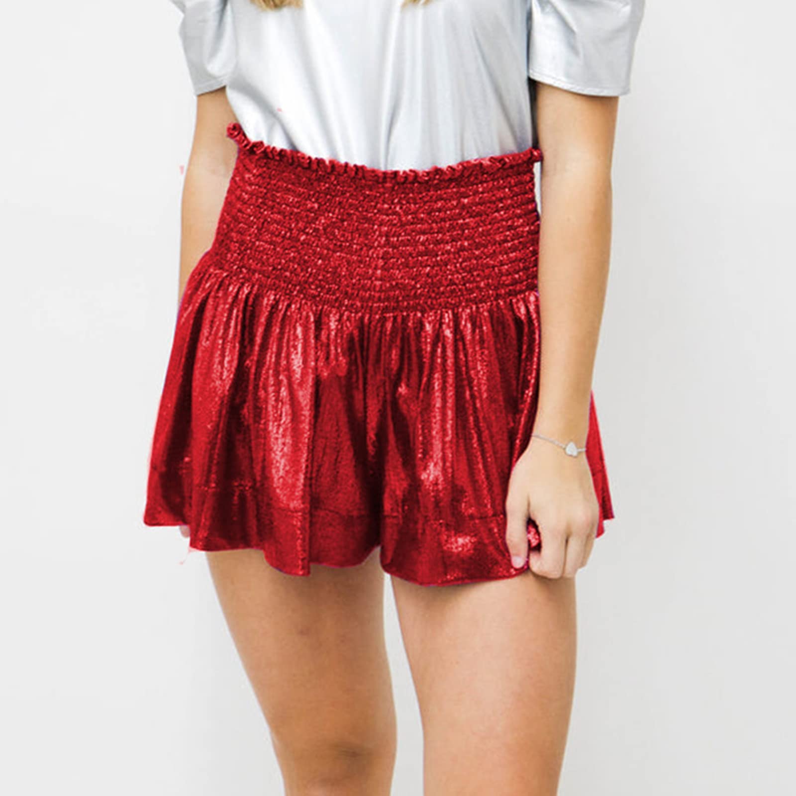 GUOLEZEEV Women's Sequin High Waisted Shorts - Glitter Sparkly Metallic Party Shorts for Women, Smocked Flowy Design, Perfect for Night Out, Club Wear, and Festivals