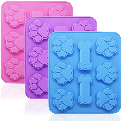 3-Piece Silicone Baking Molds Set - Dog Paw & Bone Shapes, 8-Cavity Reusable Ice Candy Chocolate Cookie Trays | Oven, Microwave, Freezer & Dishwasher Safe (Pink, Blue, Purple) | Perfect for Birthday Parties, DIY Desserts & Holiday Treats