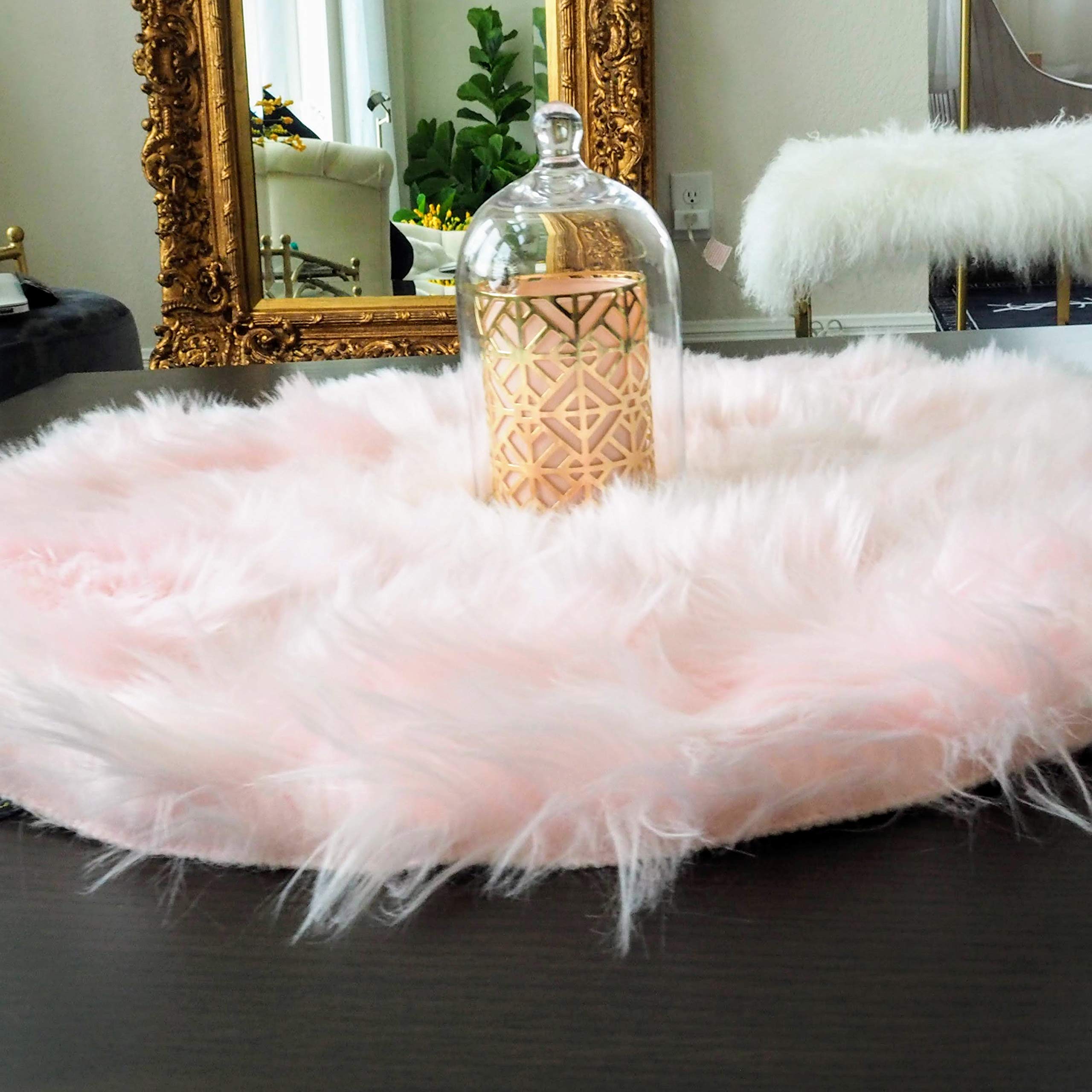 Soft Faux Fur Rug - Washable Sheepskin-Style Round Carpet for Bedroom, Living Room, Bathroom - 2ft Pink - Cozy Home Decor & Nursery Floor Mat