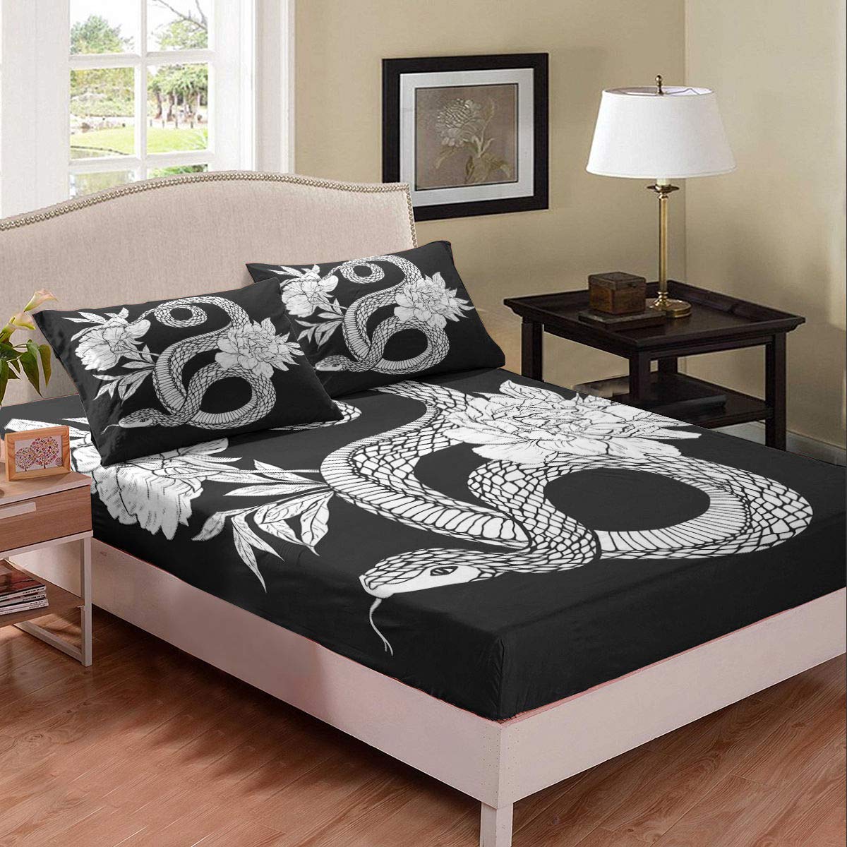 Homewish 3-Piece Snake & Flower Print Microfiber Bedding Set for Kids - Queen Size (1 Fitted Sheet + 2 Pillowcases) | Cartoon Animal Theme Bed Sheets for Boys' Room Decor & Cozy Sleep