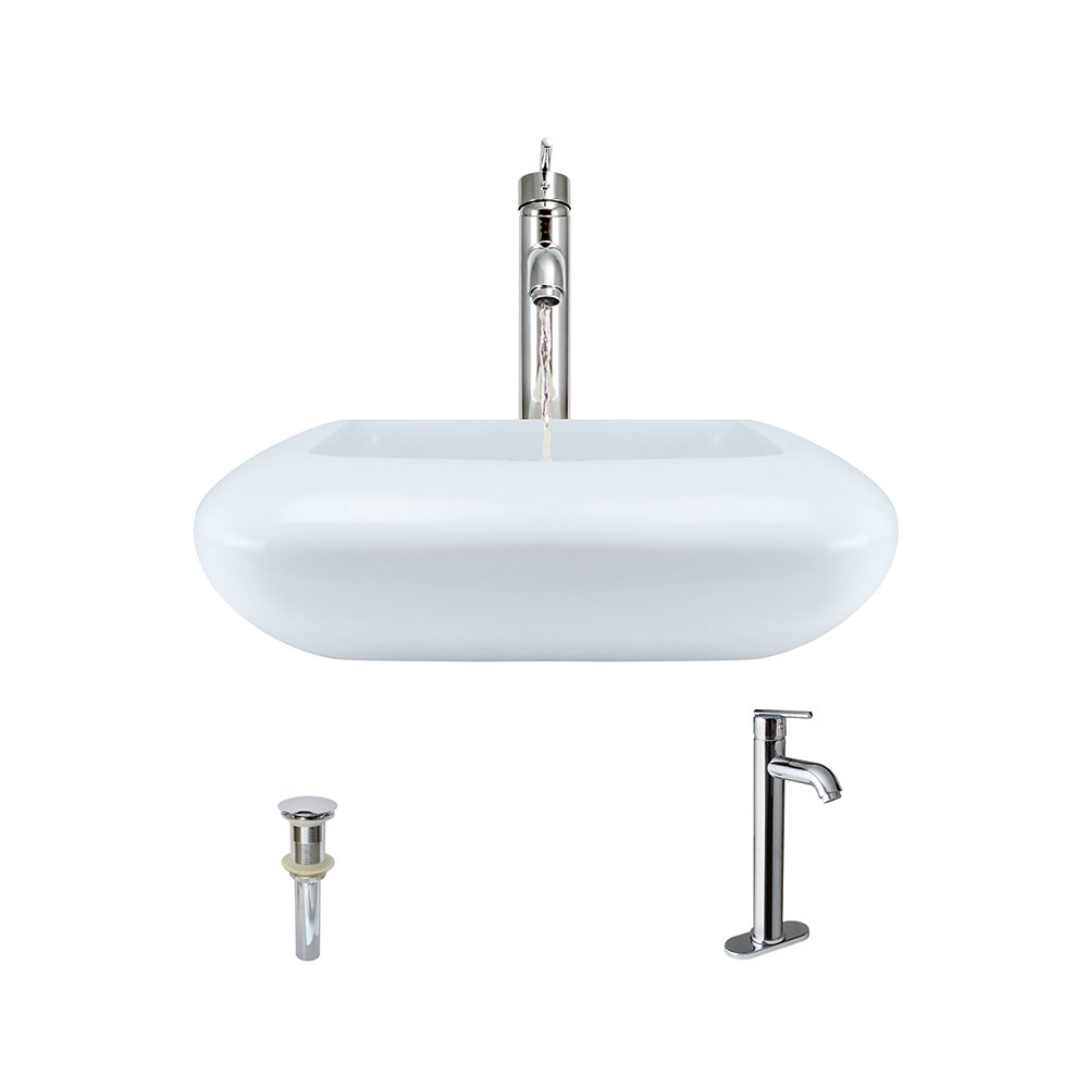 White Porcelain Vessel Sink with Chrome Faucet & Pop-Up Drain - Modern Bathroom Vanity Set for Powder Room & Guest Bath Decor (3-Piece Bundle)