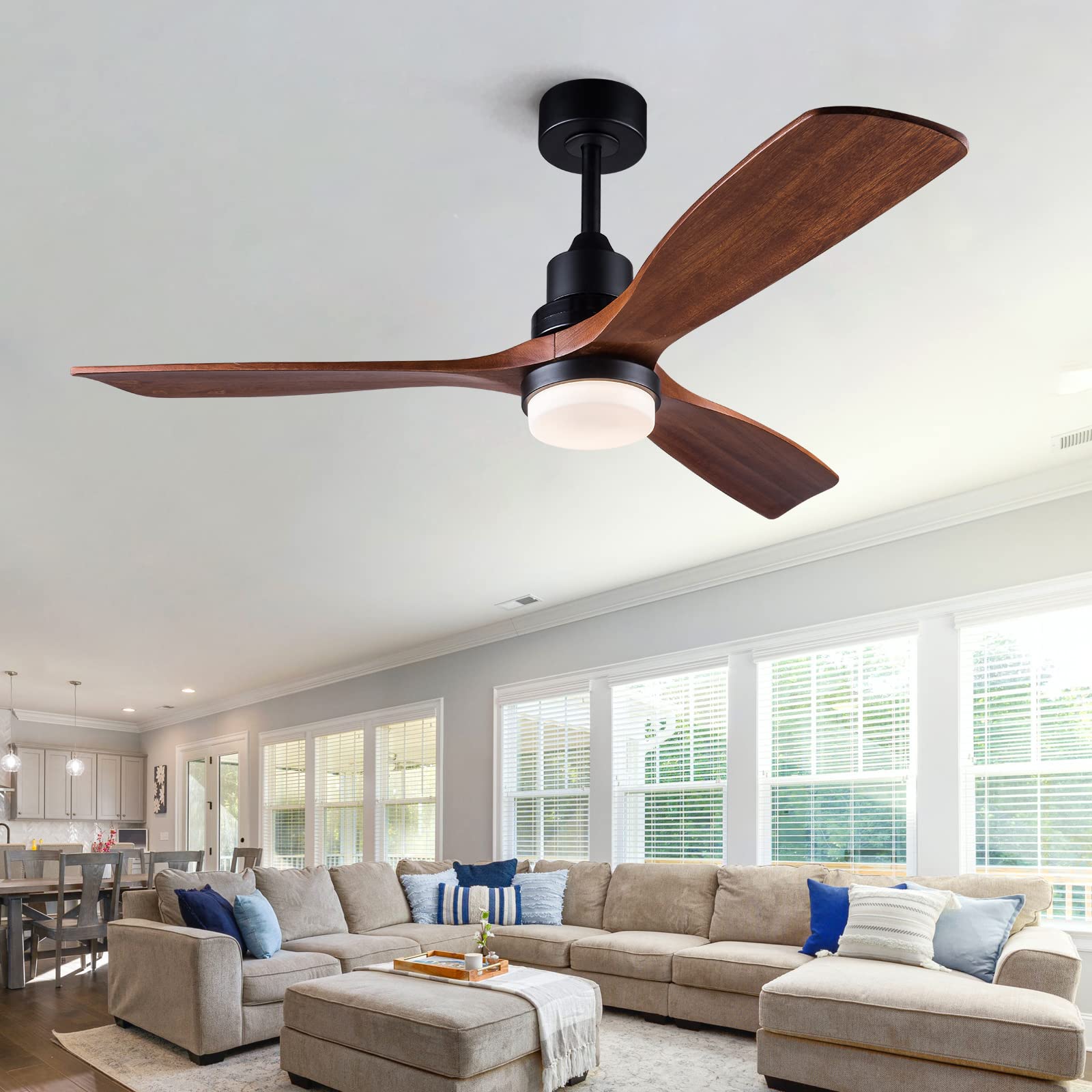 BOJUE 60 Inch Indoor Outdoor Ceiling Fan with Light and Remote Control - Dimmable LED, Quiet DC Motor, 3 Wood Blades - Perfect for Patio, Living Room, Bedroom, Office & Summer House | Energy Efficient Cooling Solution for Year-Round Comfort
