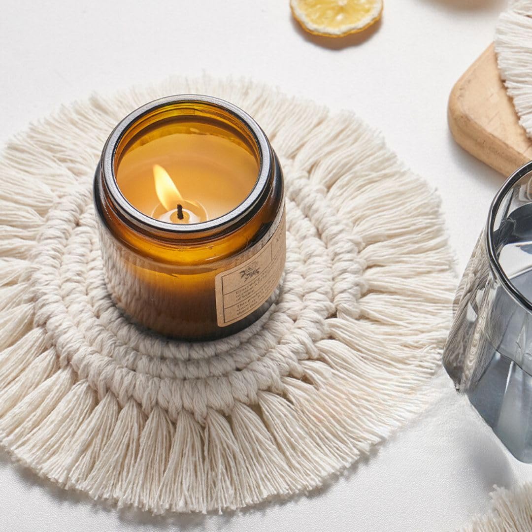 Bohemian Style Macrame Round Coasters Set of 2 - Handmade Cotton Coasters for Coffee Mugs, Tea Cups & Drinkware - Perfect for Dining Table Decor, Coffee Table Centerpiece & Home Decoration (White)
