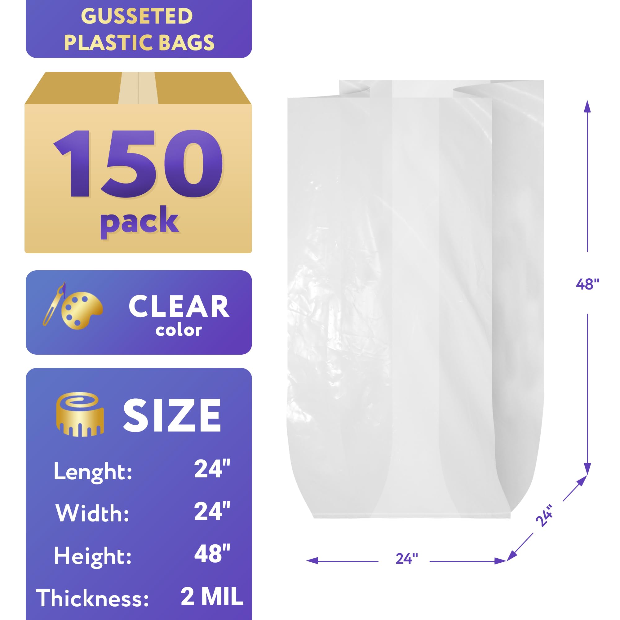 APQ 24x24x48 Inch Gusseted Plastic Bags for Food Storage - Pack of 150 Clear Produce Bags Roll with Open End, 2 Mil Thick Leak-Proof Poly Bags - Perfect for Grocery Shopping, Party Favors & Gift Wrapping