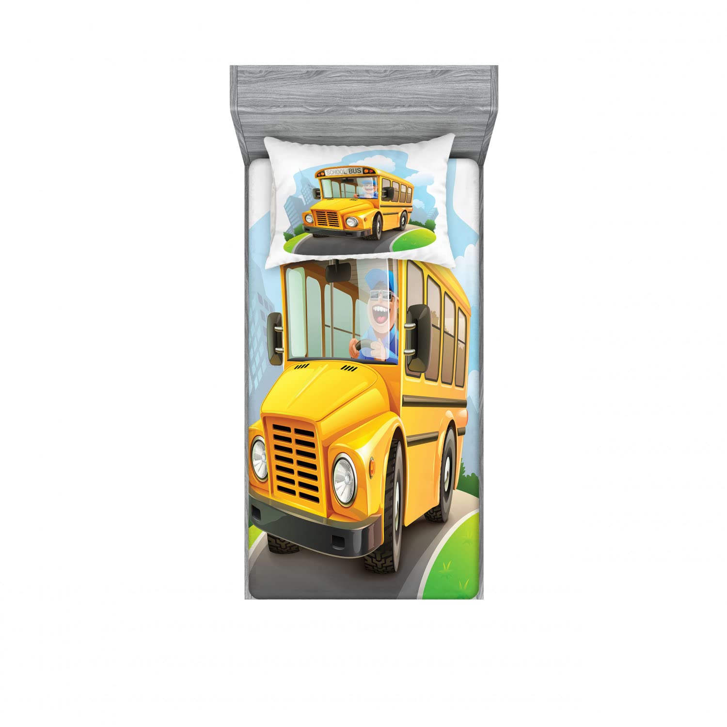 Ambesonne 2-Pack Twin XL Fitted Sheets & Pillow Sham Set - Funny Bus Driver Laughing Design, 4-Piece Bedding Decor for Boys & Teens - Perfect for Dorm Rooms, Road Trip Enthusiasts & Bus-Themed Bedrooms