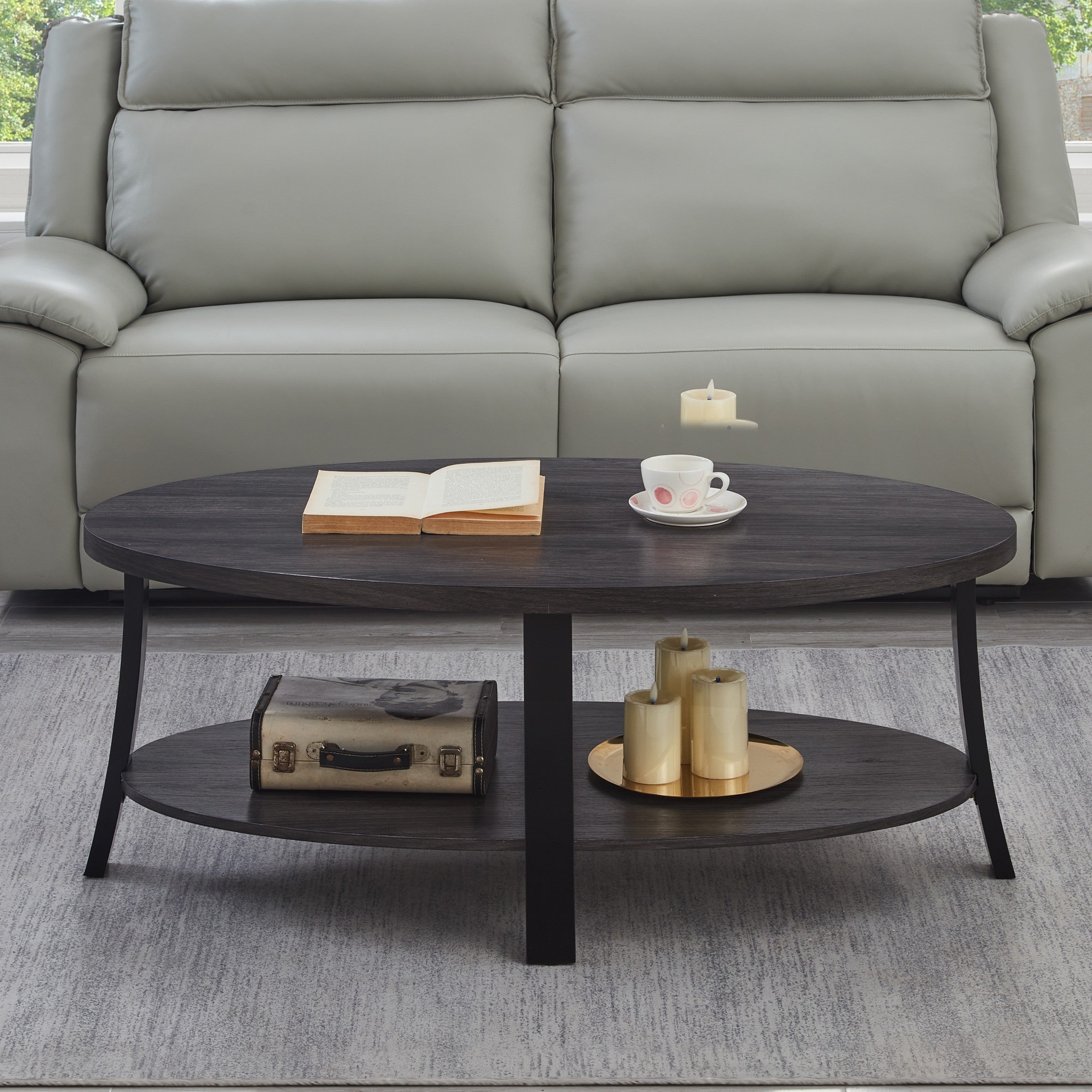 Roundhill Furniture Anze Contemporary Oval Wood Shelf Coffee Table - Modern Living Room Centerpiece for Home Decor & Storage