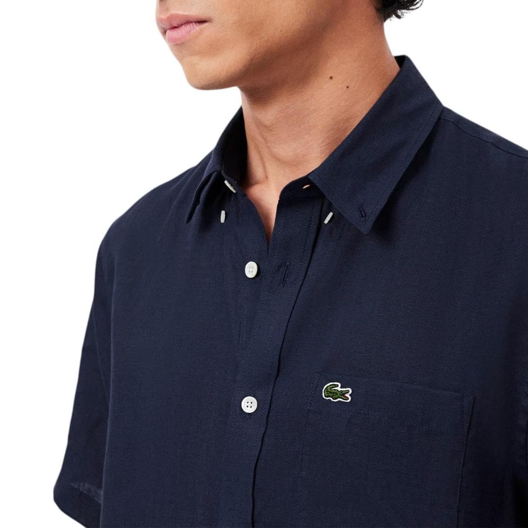 Lacoste Men's Short Sleeve Linen Button Down Shirt | Classic Regular Fit with Front Pocket | Casual Summer Wear, Office & Vacation Outfits