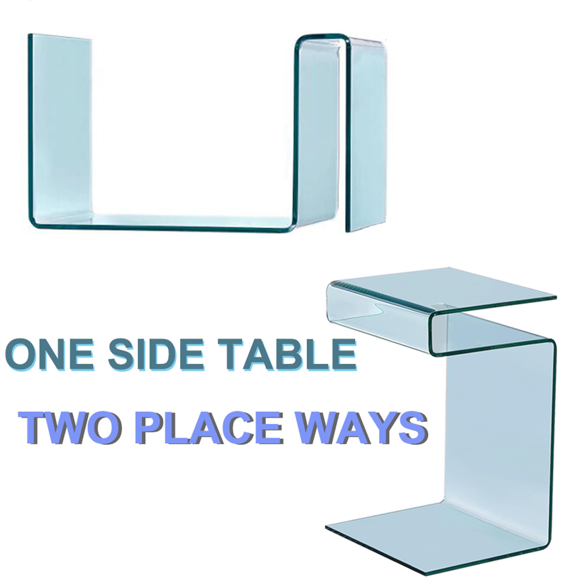 Modern Clear Glass End Side Table - Bent Design Sofa Table & Nightstand for Living Room & Bedroom (24.02