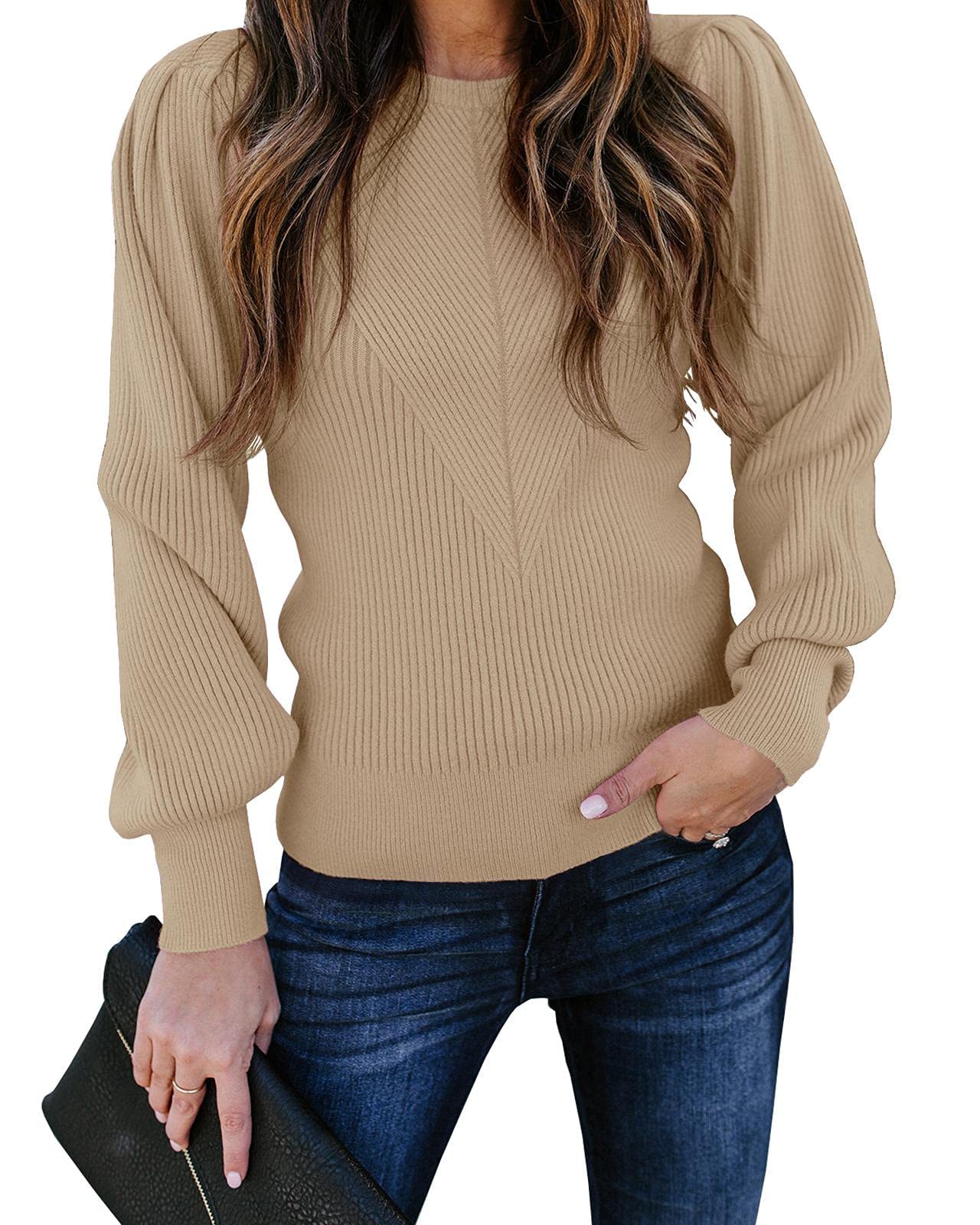 Women's Puff Sleeve Sweater - Soft Crew Neck Pullover Knit Top, Slim Fit Solid Color Jumper for Fall/Winter, Perfect for Office, Dating & Casual Outfits