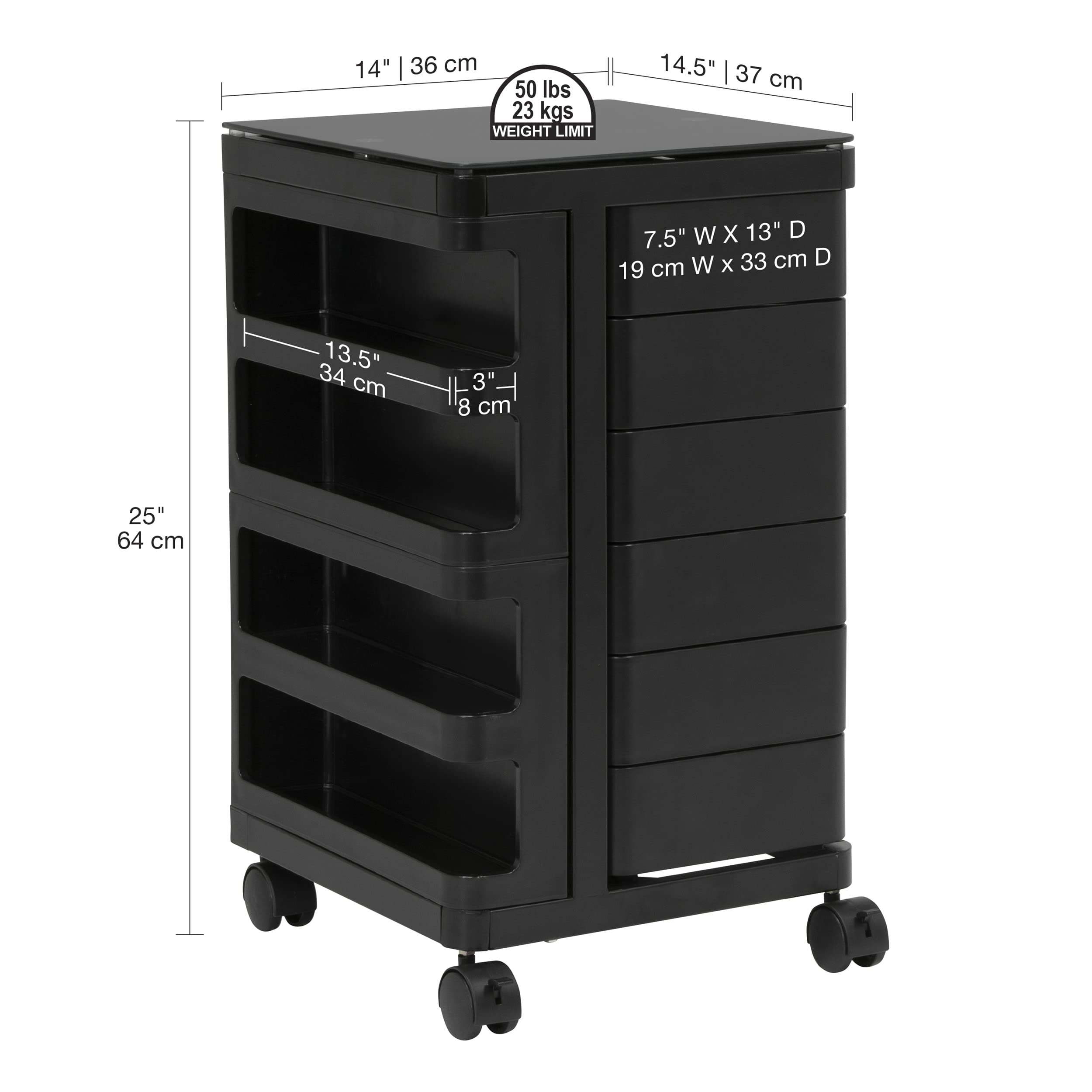 SD STUDIO DESIGNS Kubx Rotating 4-Sided Mobile Storage Organizer with Glass Top - Multi-Compartment Spinning Organizer for Office, Kitchen, Bathroom & Craft Room Organization