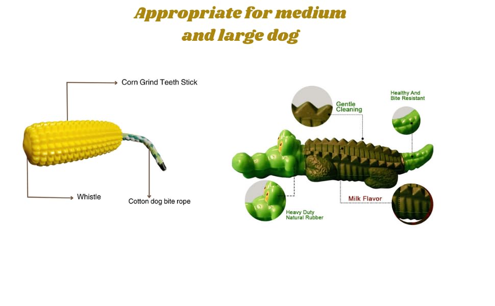 Durable 2-Pack Dog Chew Toys for Aggressive Chewers - Cartoon Alligator & Corn-Shaped Squeaky Interactive Rubber Toys for Medium & Large Breeds | Heavy Duty Chew Toys for Playtime, Training & Dental Health