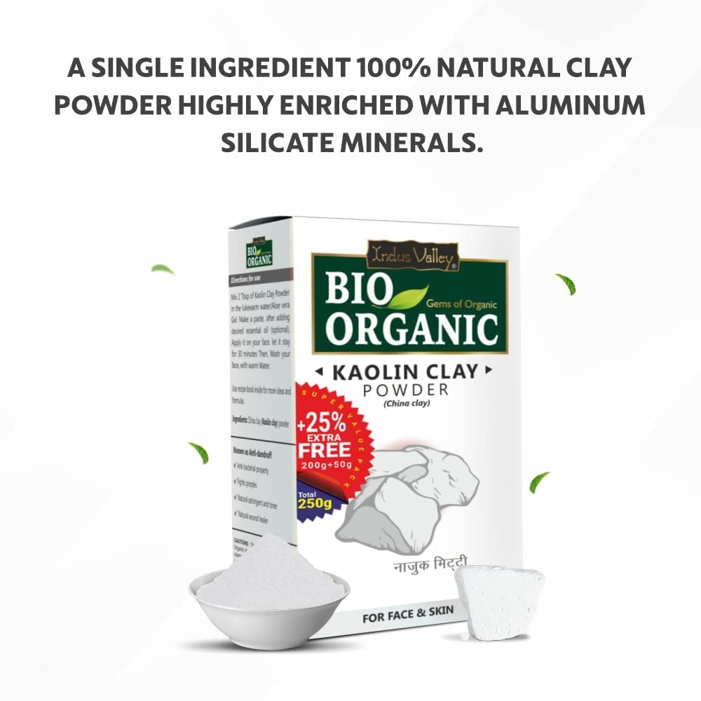 Organic Kaolin Clay Powder for Face & Skin - 250g (200g + 50g Free) | Natural Detox Mask, Acne Treatment & Pore Minimizer | DIY Skincare, Spa & Beauty Routine