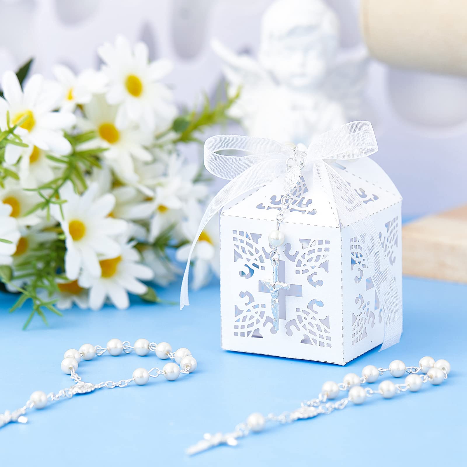 50 Packs Silver Pearl Acrylic Rosary Beads Baptism Favors Set with Organza Bags & Cross Boxes - Perfect for Christening, Wedding Party Favors, First Communion Gifts & Religious Events (Silver Pearl Bracelet)