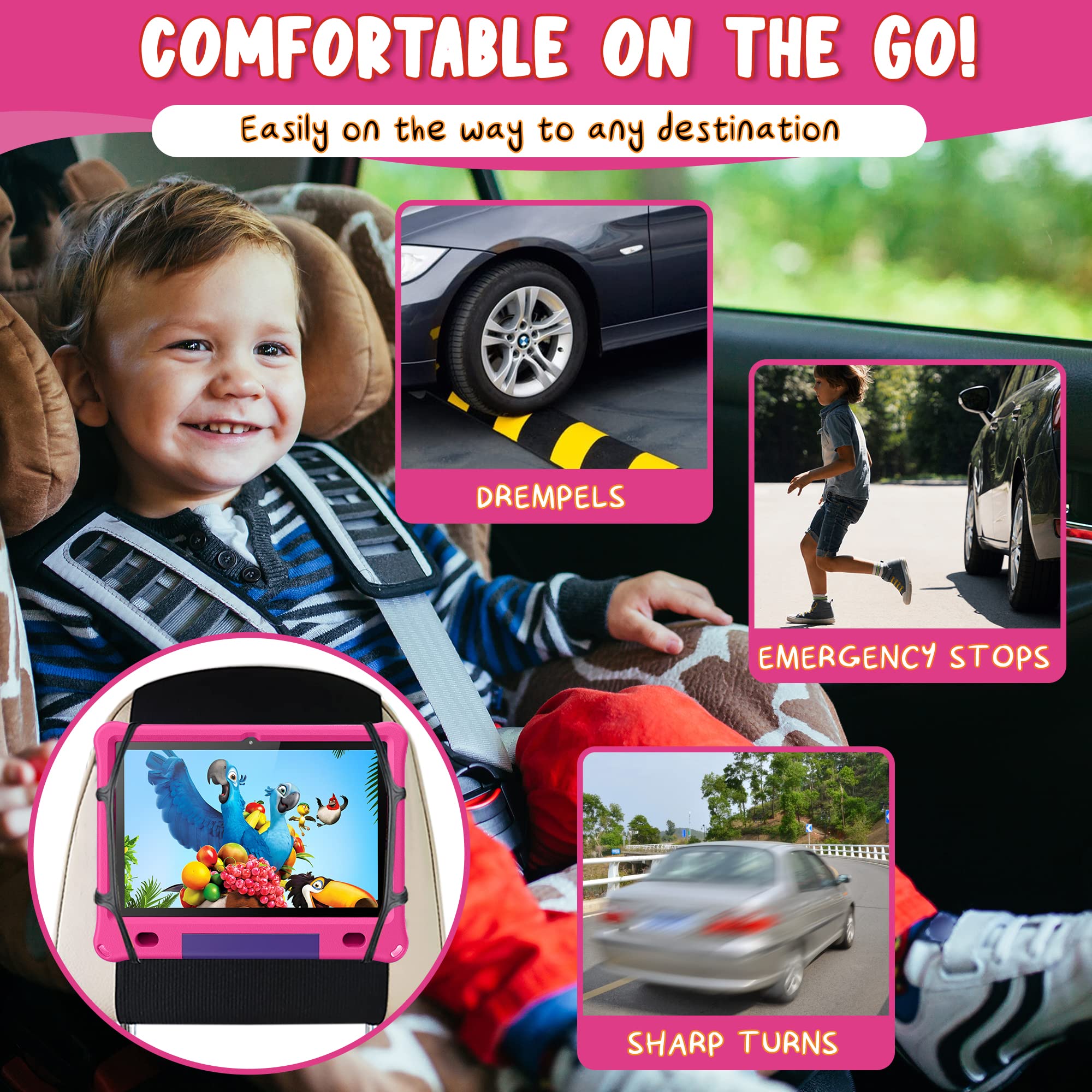 CosmoToys® Kids Tablet with Parental Control - Android 12, 6000mAh Battery, Includes Car Storage Cover & Tablet Holder - Educational Learning Tablet for Toddlers & Children (Pink) - Perfect for Road Trips, Homeschooling & Entertainment