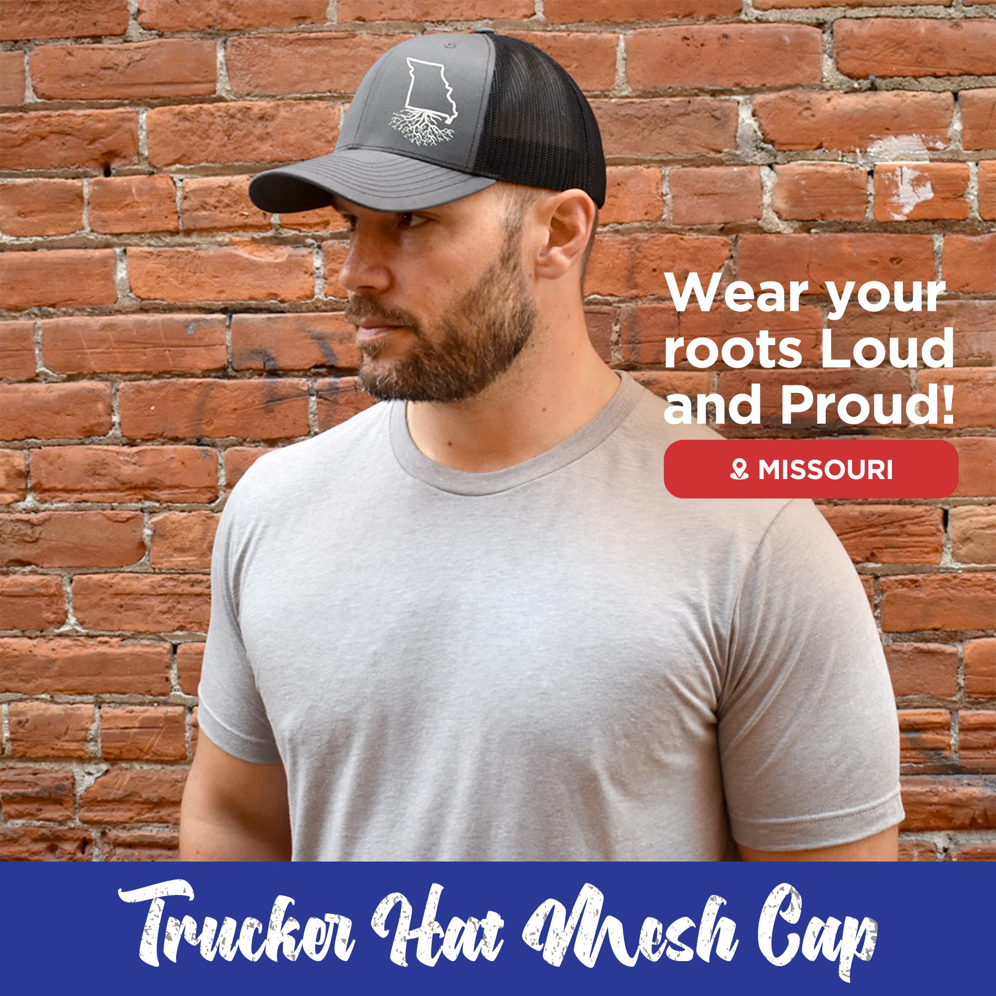 Missouri Roots Snapback Hat - Stylish Unisex Baseball Cap with Mesh Back, Polyester Cotton Blend, Six-Panel Trucker Design, One Size Fits Most (Charcoal & Black) - Perfect for Outdoor Activities, Sports & Casual Wear