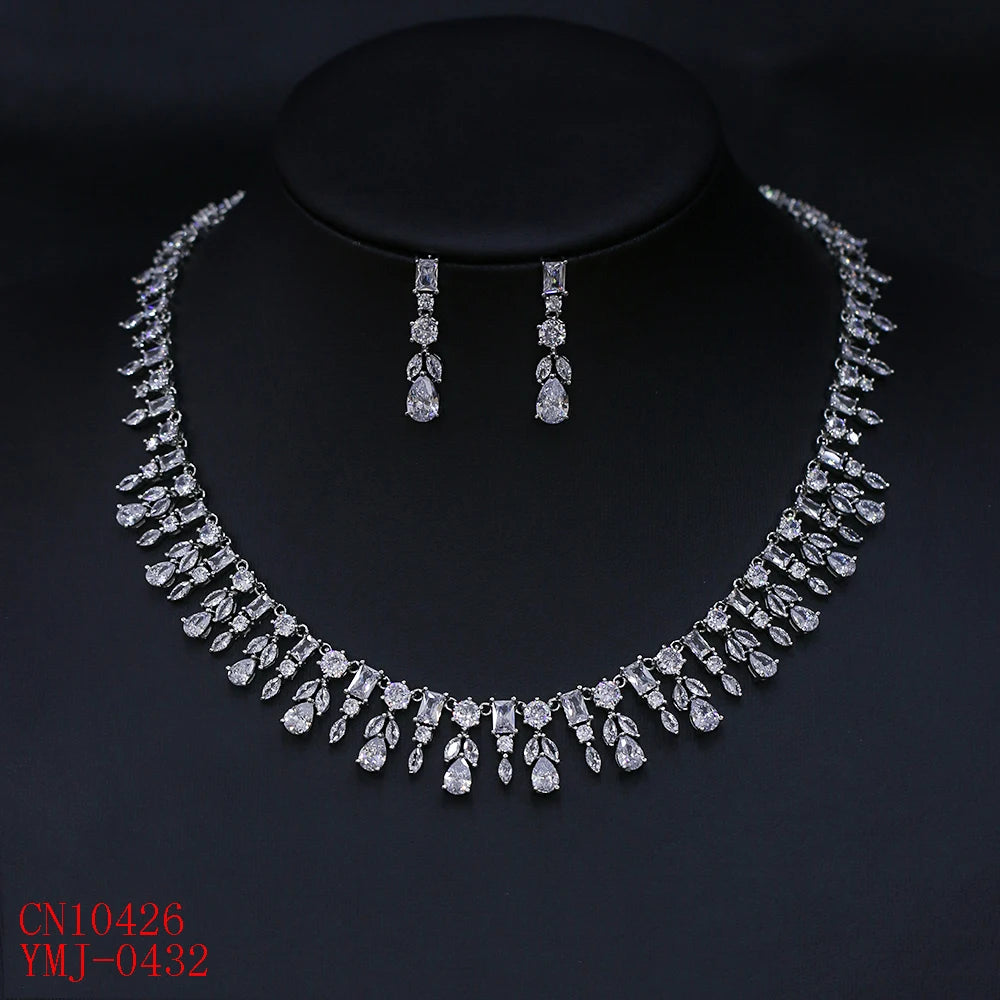 Luxury Bridal Jewelry Set - Elegant Water Drop Cubic Zirconia Necklace & Earrings for Women - Perfect for Weddings, Parties & Special Occasions - CN10426