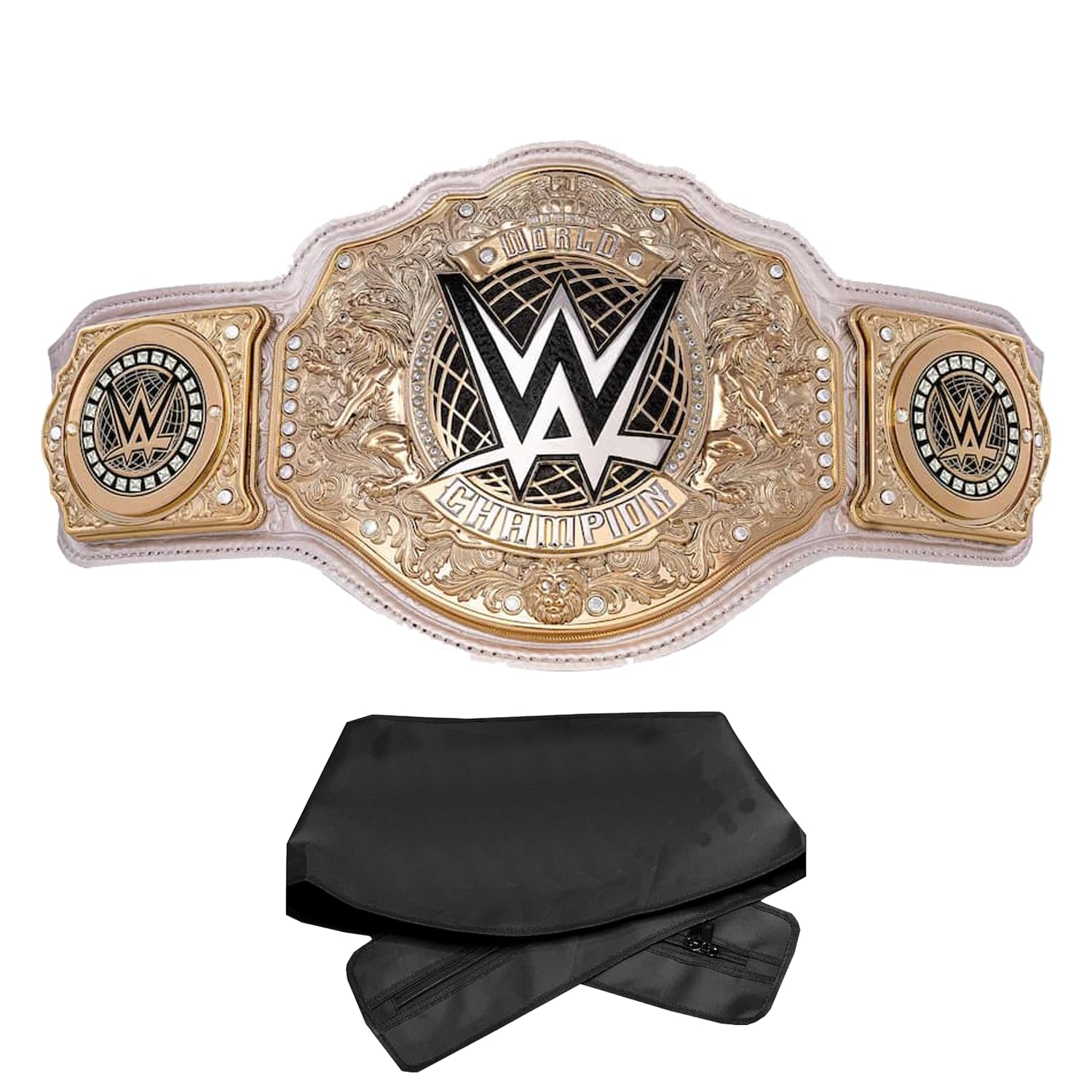 Authentic WWE World Heavyweight Championship Title Belt - Gold & Cream Replica with Metallic Side Plates & Adjustable Strap - Includes Protective Display Bag (Adult Size) - Perfect for Cosplay, Wrestling Fans & Collectors