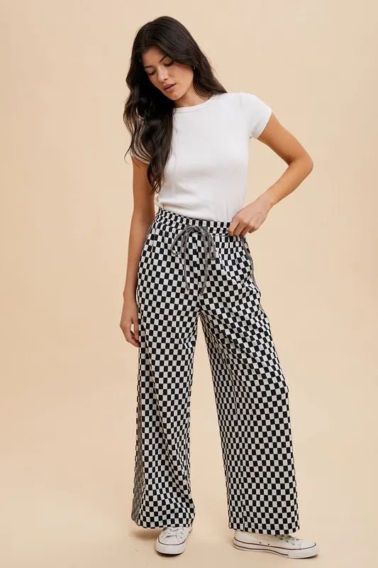 Annie Wear Women's Drawstring Checkered Wide Leg Pants - Casual Lounge Pants for Home, Office & Travel