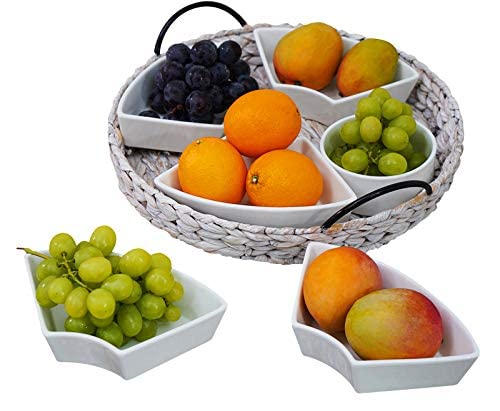 Whitewash Ceramic Serving Tray Set with 6 Removable Dishes - 15.5 x 15.5 Inch Large Party Platter for Appetizers, Chips, Fruits & Desserts - Elegant Food Serving Tray for Entertaining, Bridal Showers & Holiday Gatherings