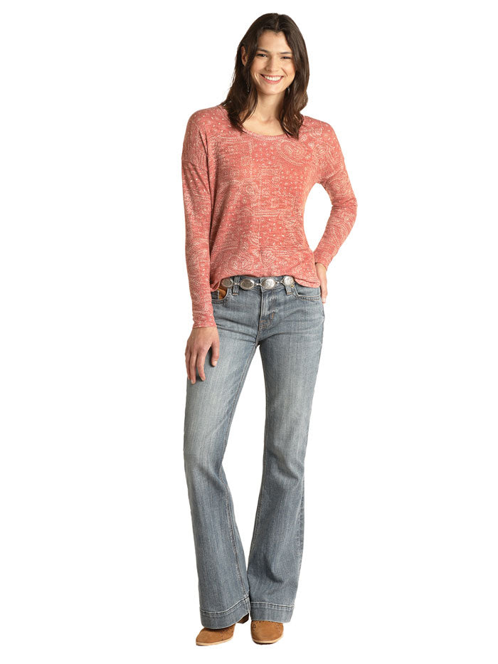 Panhandle WLWT52R0TO Women's Bandana Print Sweater Top - Orange Long Sleeve Knit Pullover for Casual Outfits, Fall Fashion & Layering