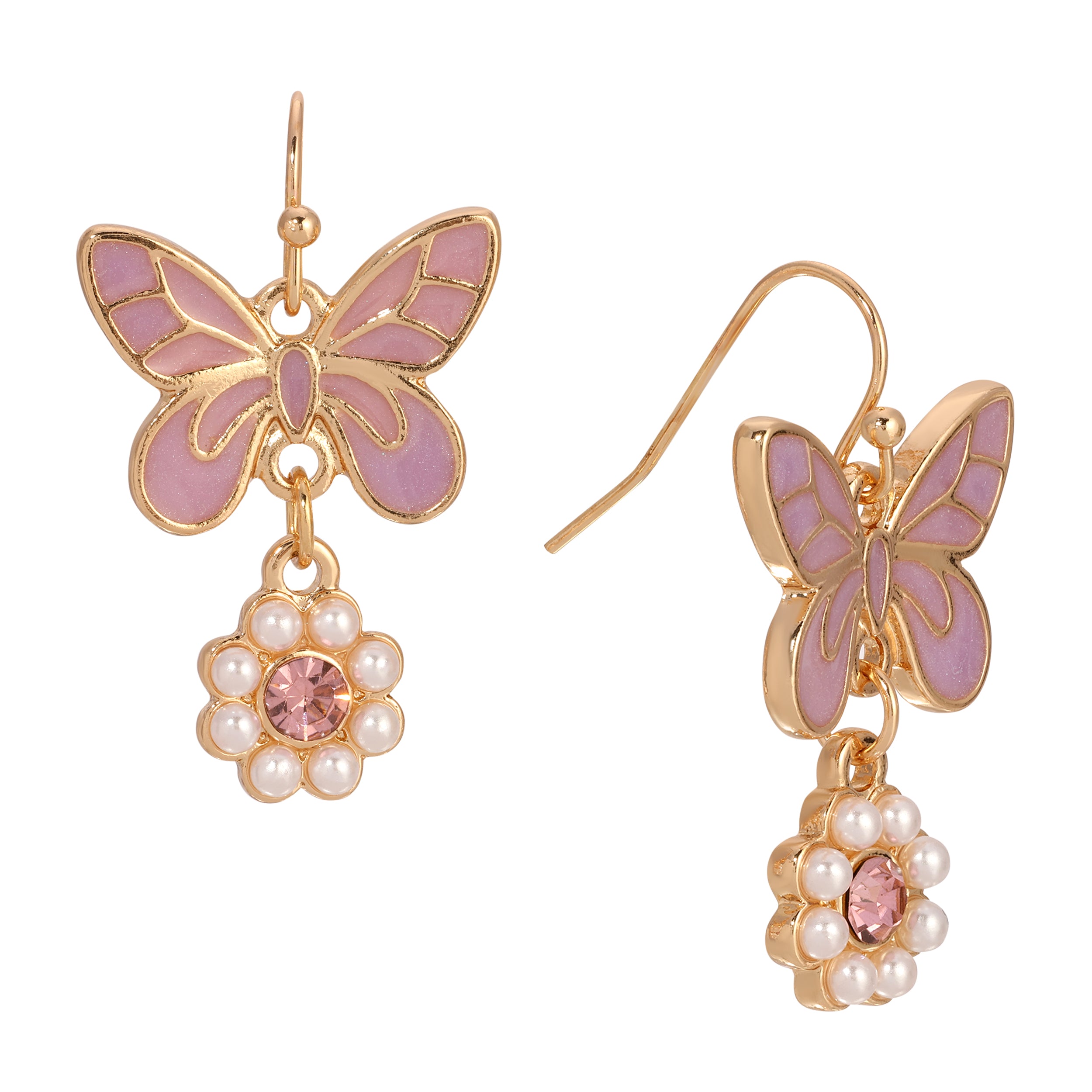 1928 Jewelry Pink Butterfly Faux Pearl Dangle Earrings for Women - Vintage Floral Drop Earrings for Party, Wedding & Special Occasions