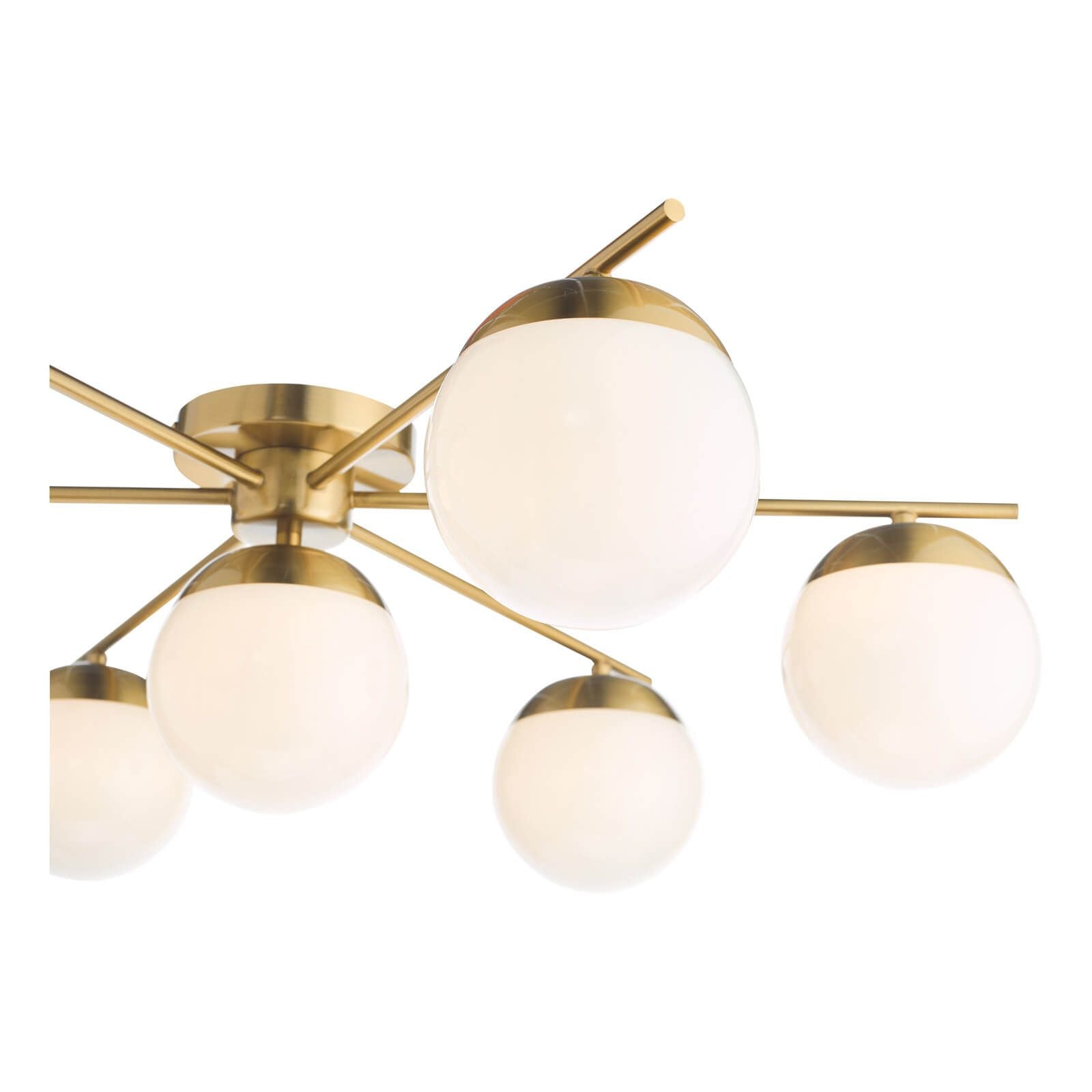 Bombazine 7Lt Semi Flush Mount Ceiling Light - Natural Brass & White Opal Glass - Perfect for Bedroom, Dining Room, and Hallway Lighting