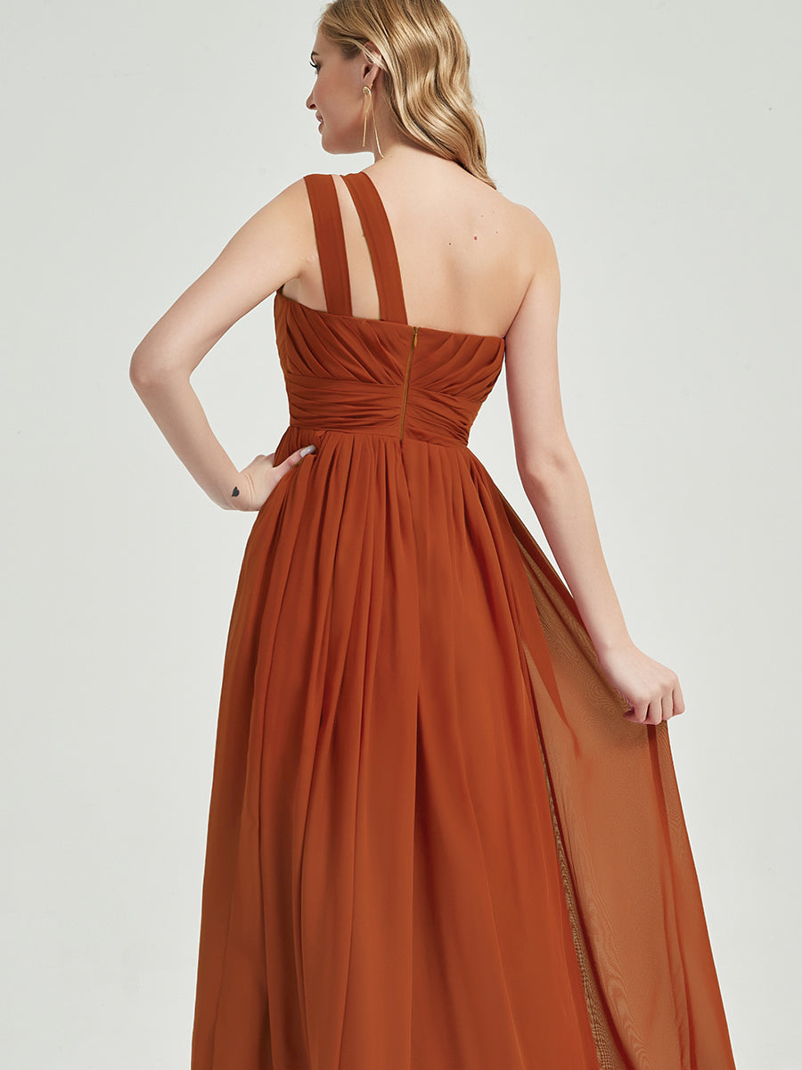 Elegant Burnt Orange One Shoulder A-Line Floor Length Chiffon Bridesmaid Dress for Weddings & Formal Events - Perfect for Evening Galas, Prom & Special Occasions
